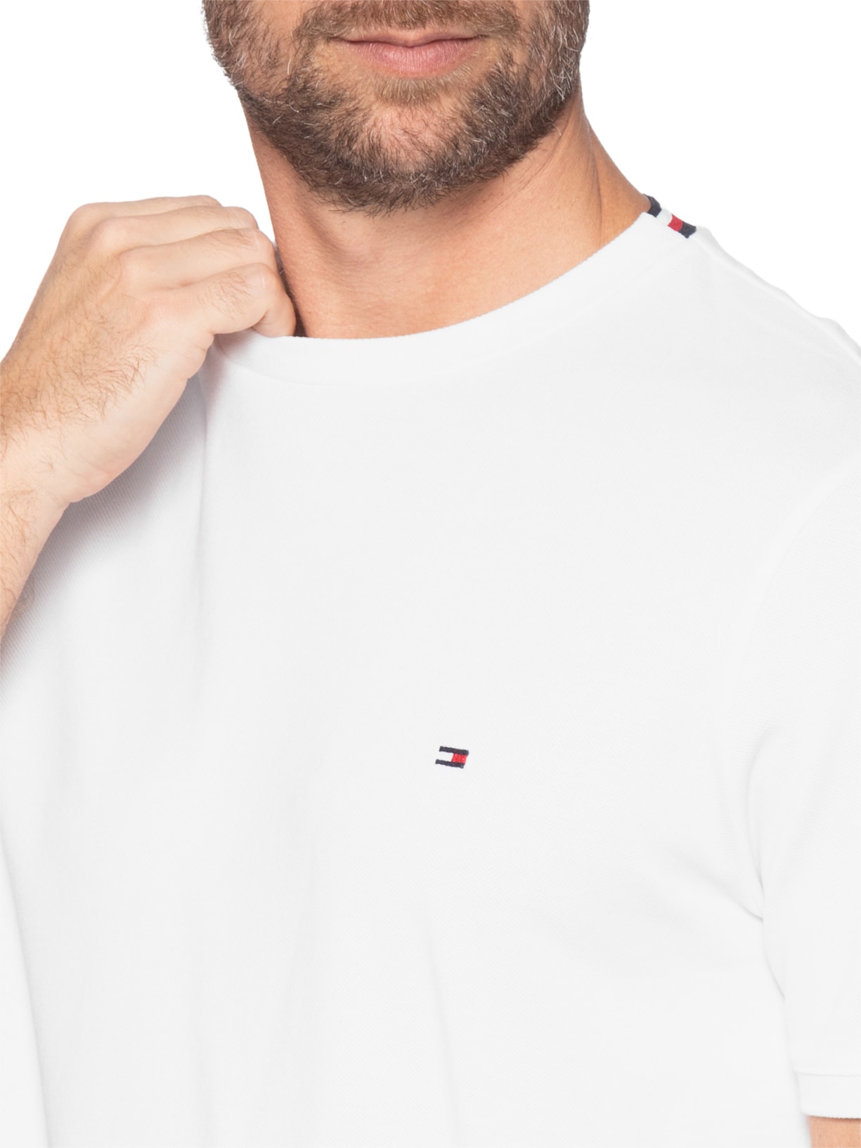 Camiseta Masculina Regular Fit Básica Em Piquet Branco Tommy Hilfiger