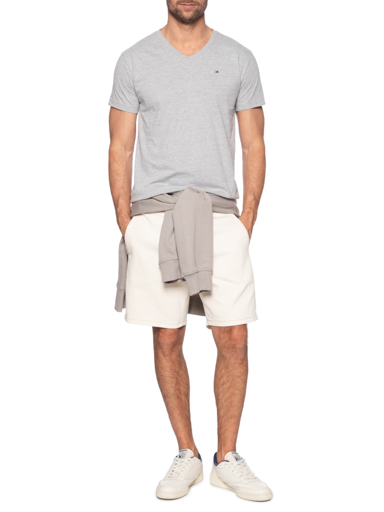 Camiseta Masculina Regular Fit Básica Gola V Cinza Tommy Hilfiger