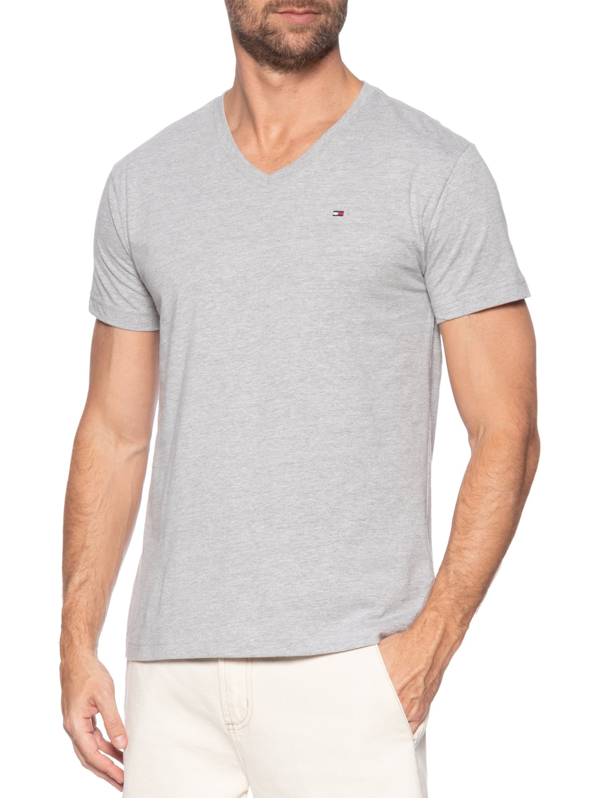 Camiseta Masculina Regular Fit Básica Gola V Cinza Tommy Hilfiger