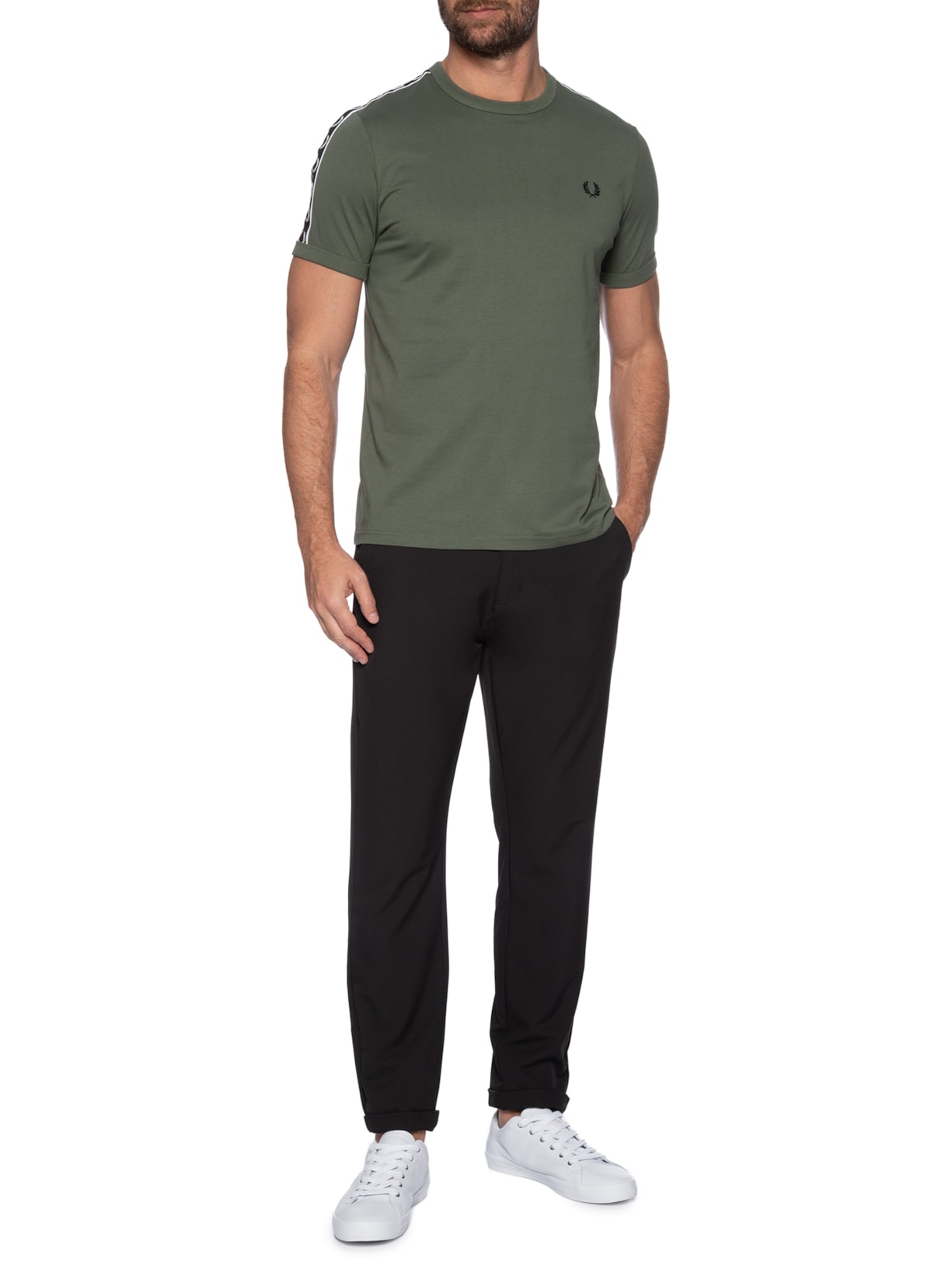 Camiseta Masculina Regular Fit Com Faixa Contrastante Verde Fred Perry