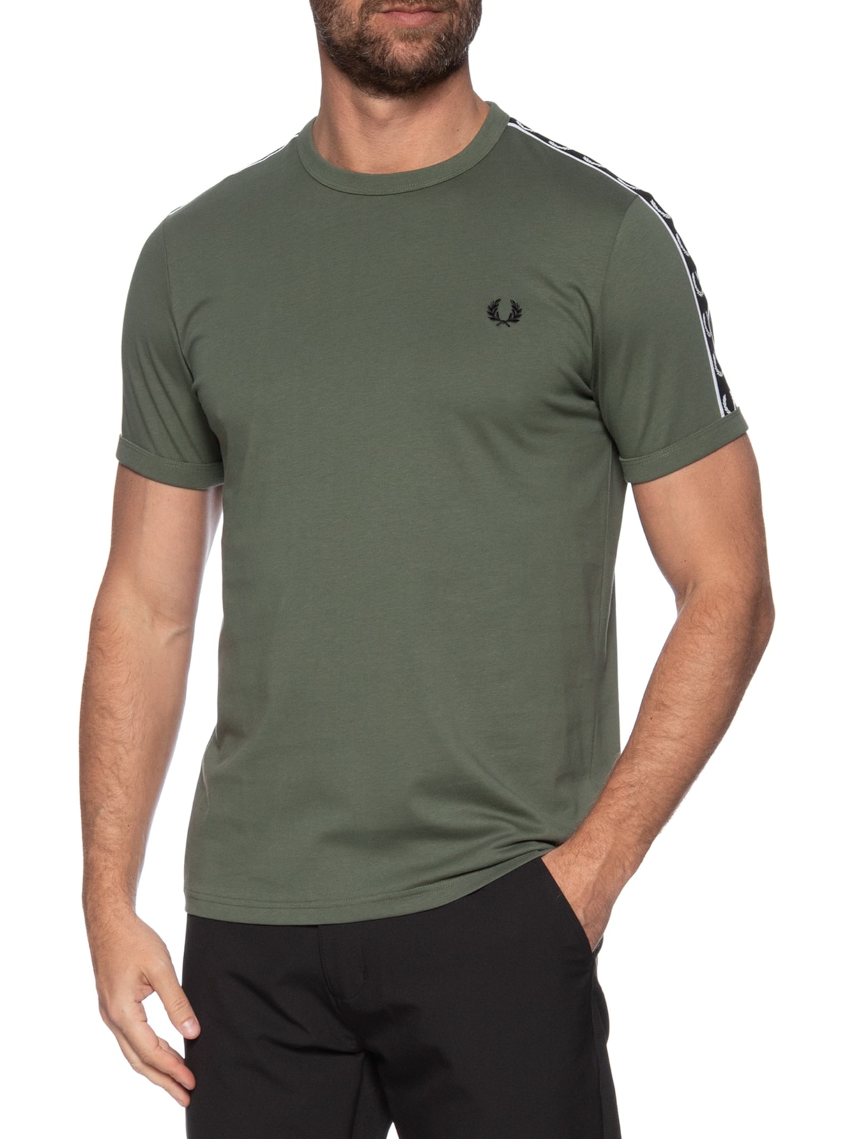 Camiseta Masculina Regular Fit Com Faixa Contrastante Verde Fred Perry