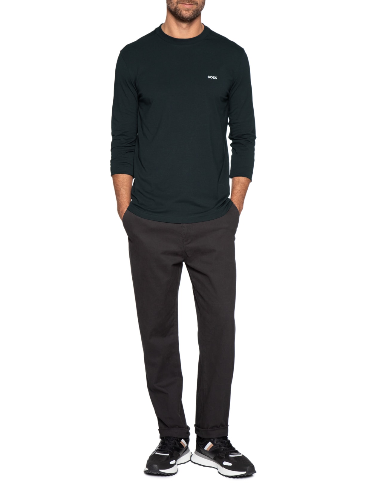 Camiseta Masculina Regular-Fit Crew Neck Tee Long Azul Boss