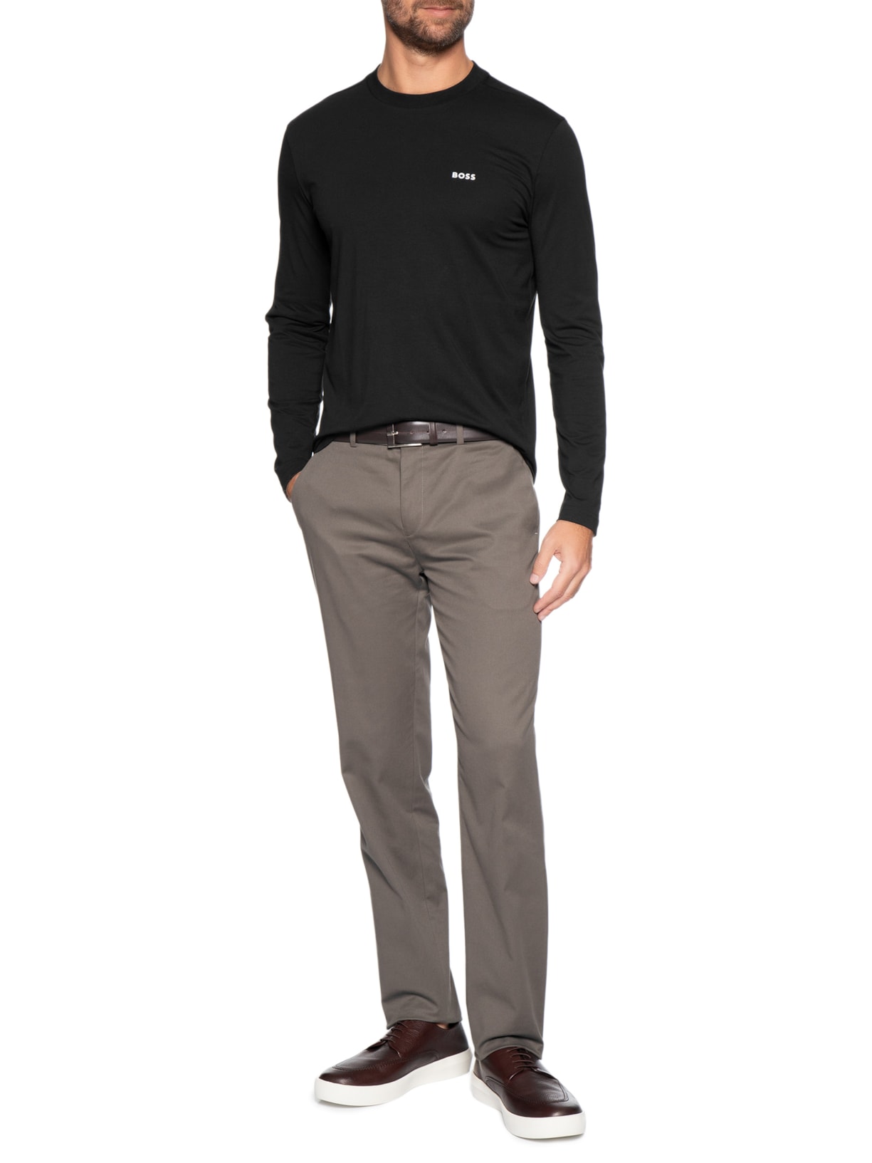 Camiseta Masculina Regular-Fit Crew Neck Tee Long Preto Boss