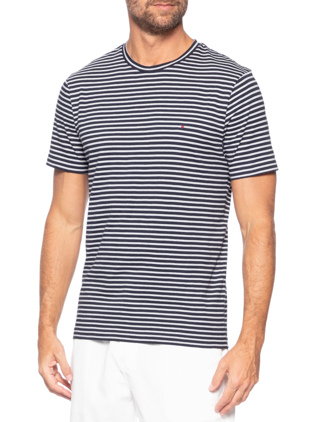Camiseta Masculina Regular Fit Essential Listrada Azul Tommy Hilfiger
