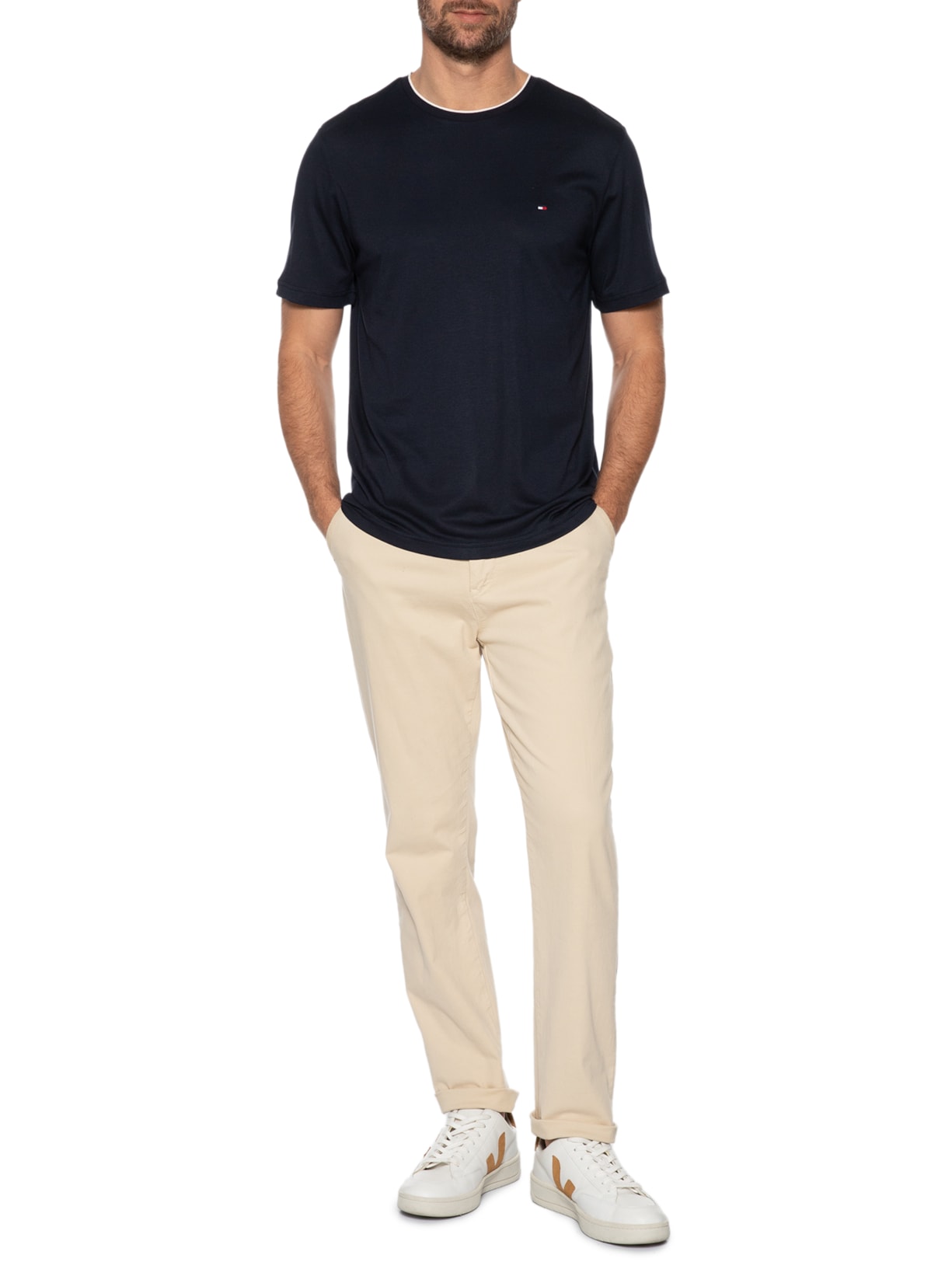 Camiseta Masculina Regular Fit Friso Gola Em Modal Sustentável Azul Tommy Hilfiger