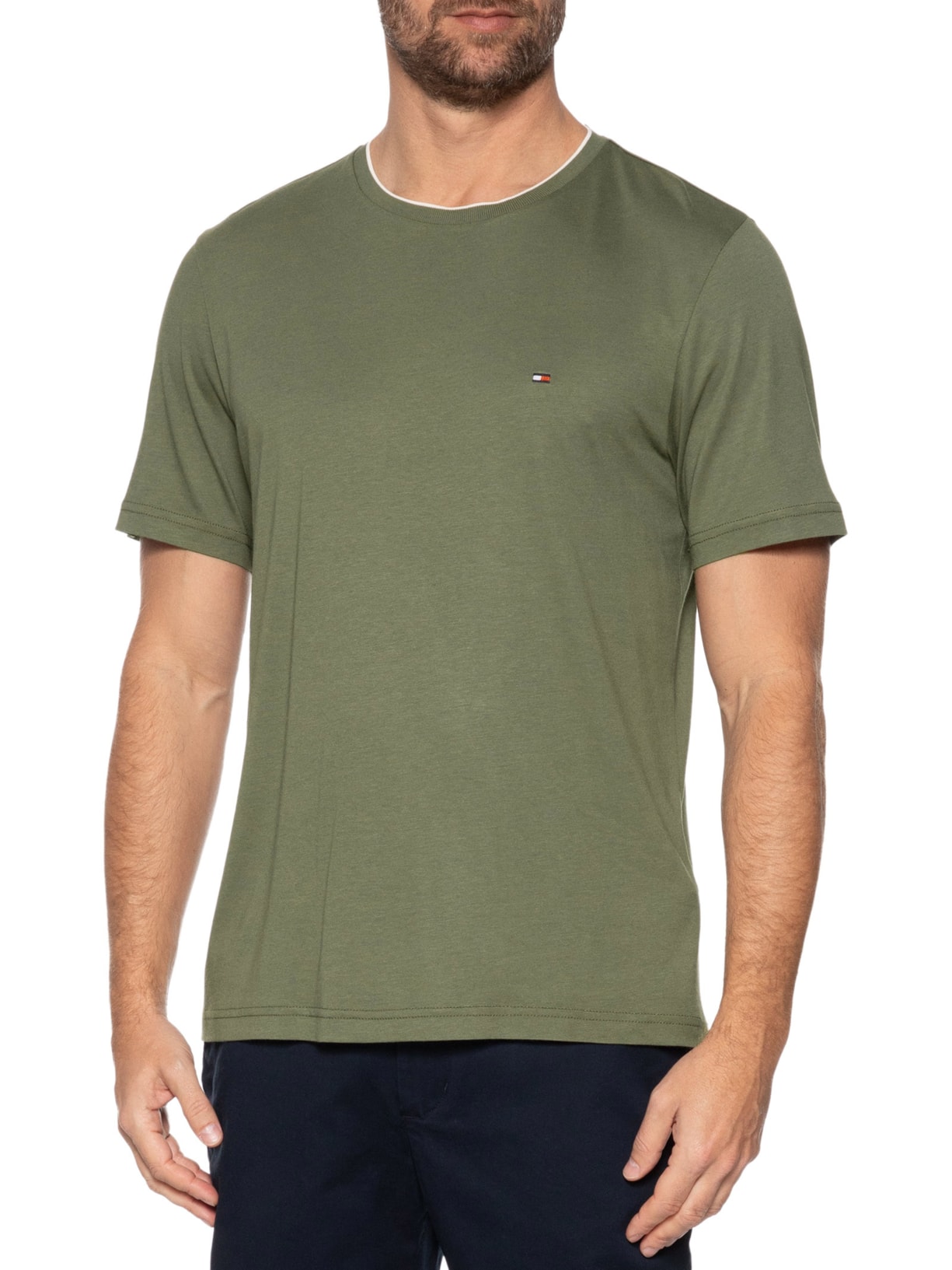 Camiseta Masculina Regular Fit Friso Gola Em Modal Sustentável Verde Tommy Hilfiger