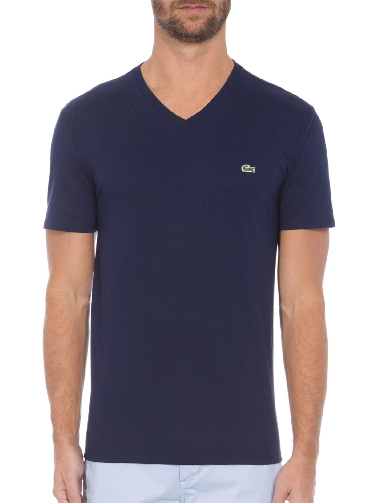 Camiseta Masculina Regular Fit Gola V Em Algodão Pima Azul Lacoste