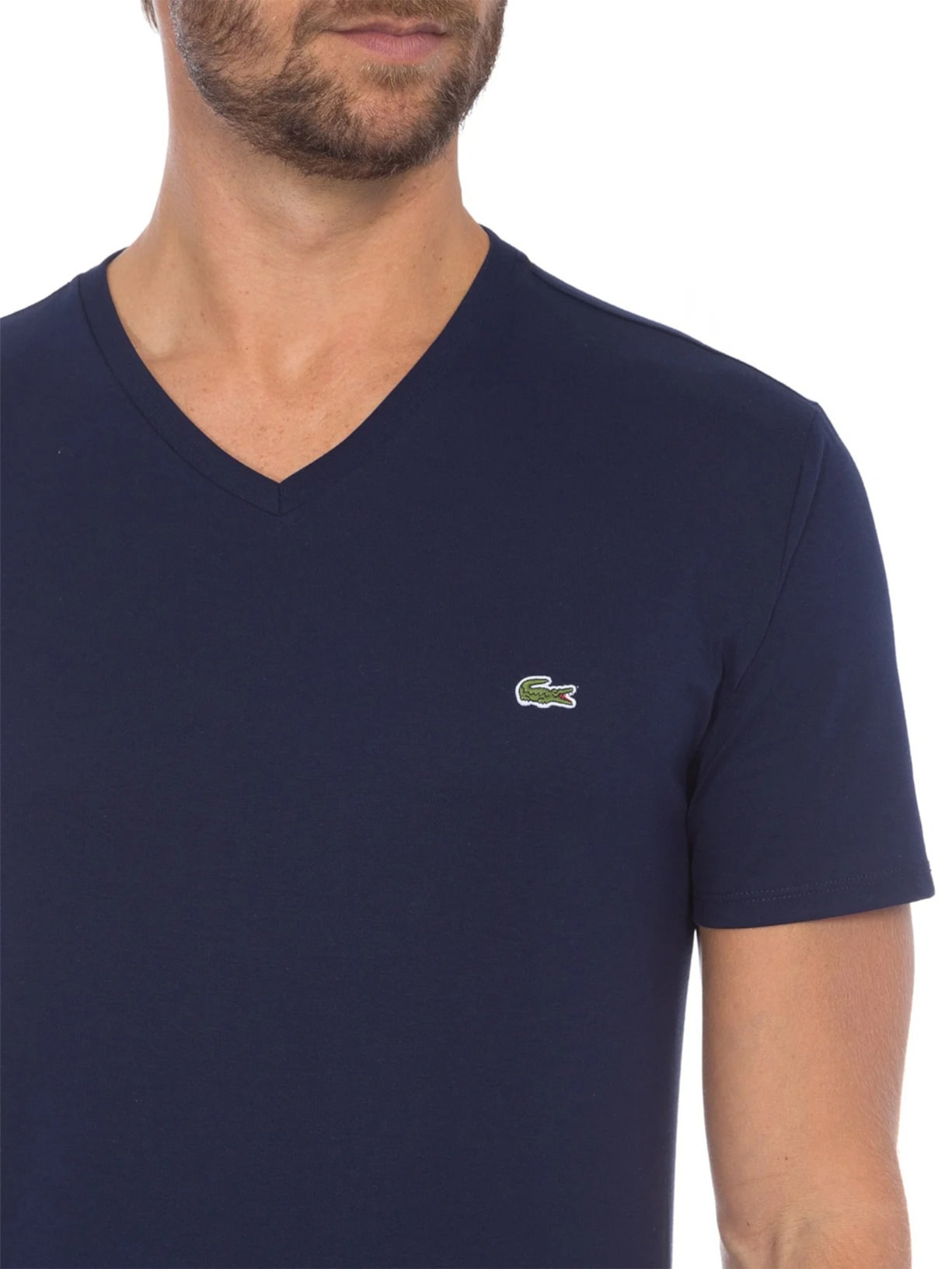 Camiseta Masculina Regular Fit Gola V Em Algodão Pima Azul Lacoste