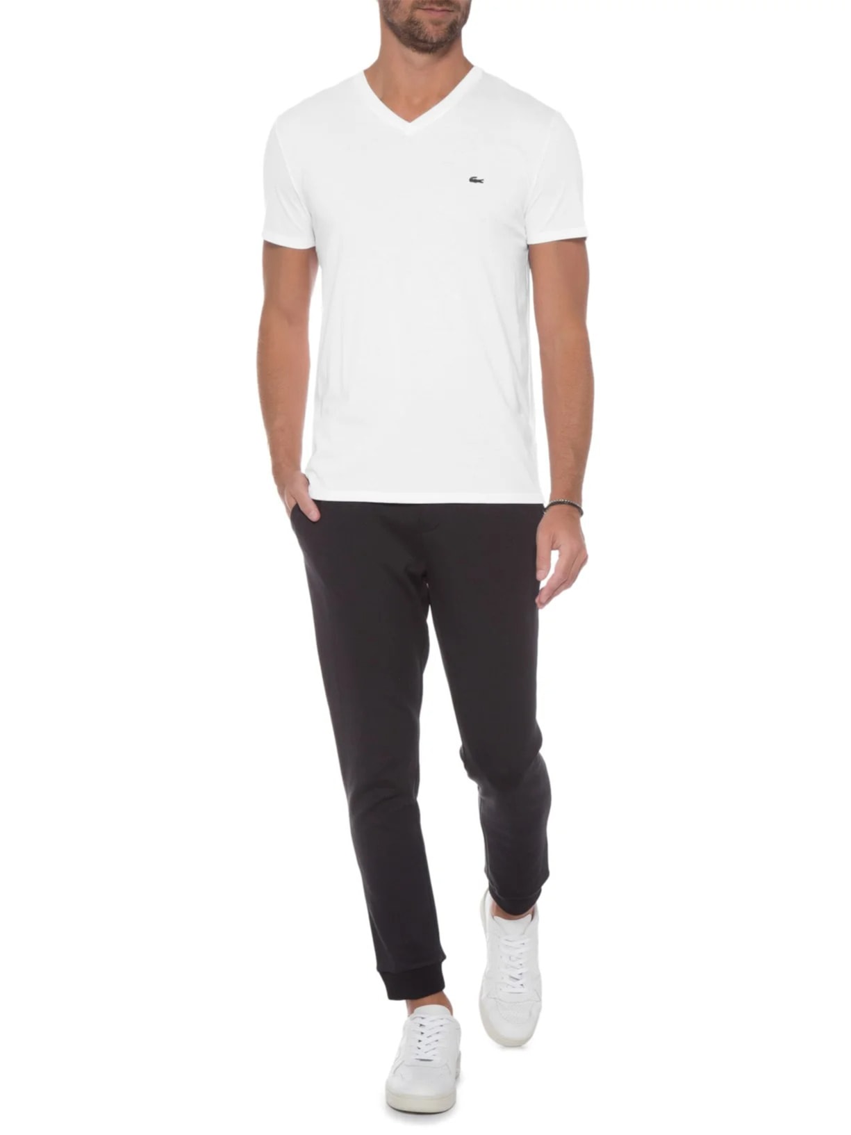 Camiseta Masculina Regular Fit Gola V Em Algodão Pima Branco Lacoste