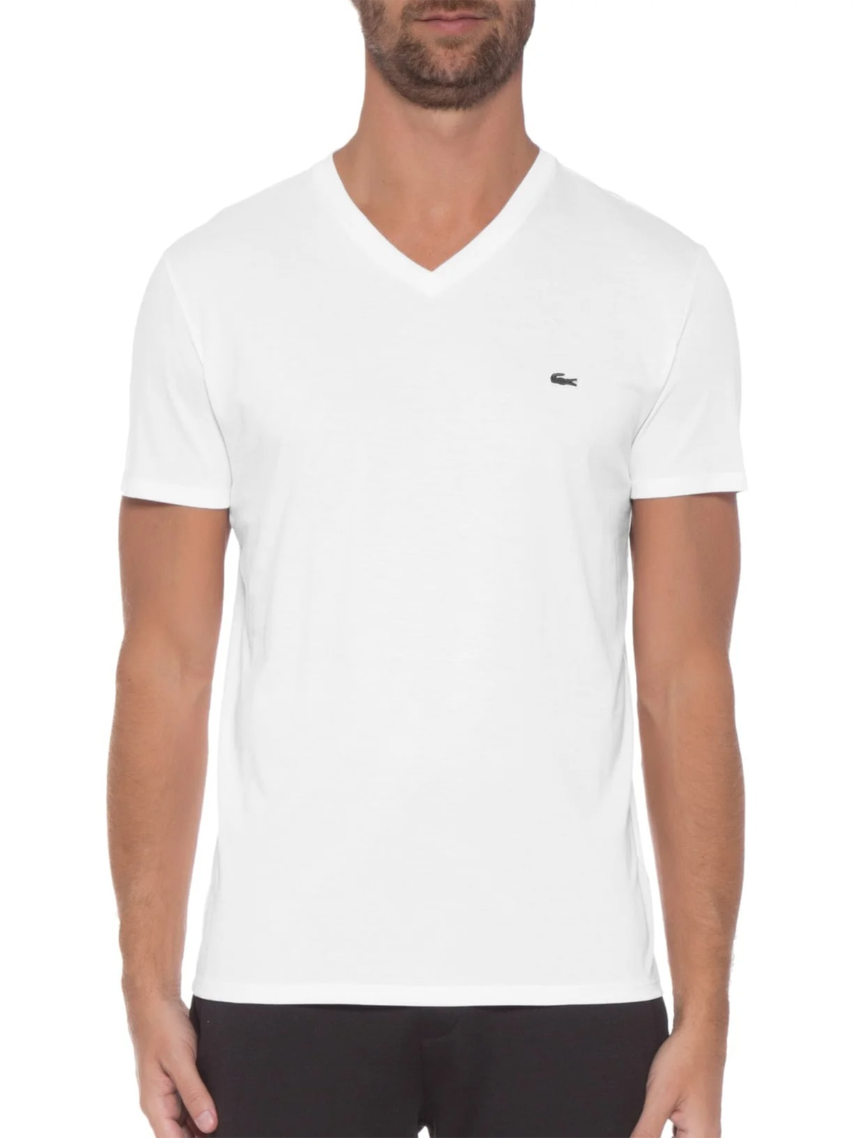 Camiseta Masculina Regular Fit Gola V Em Algodão Pima Branco Lacoste