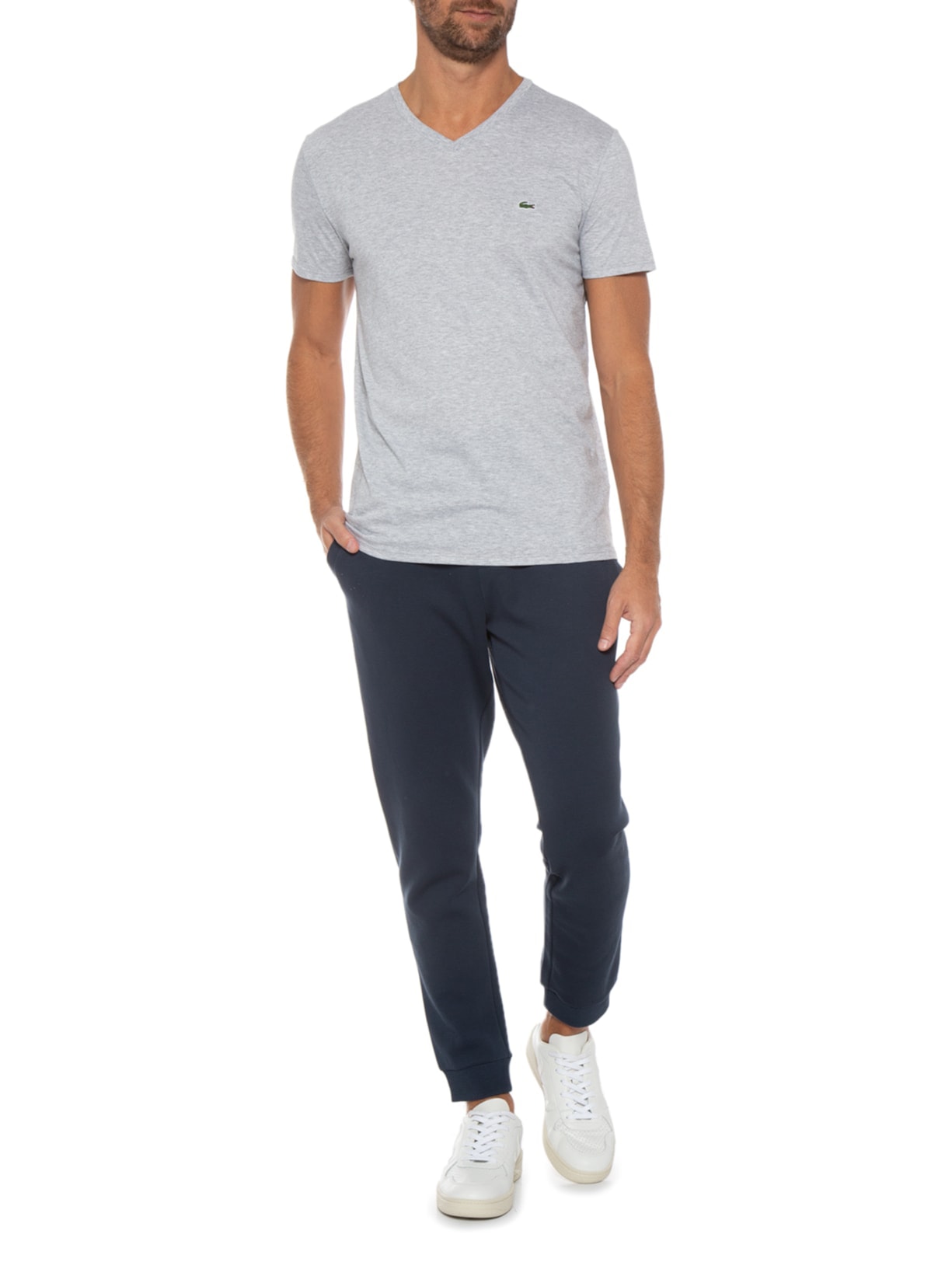 Camiseta Masculina Regular Fit Gola V Em Algodão Pima Cinza  Lacoste