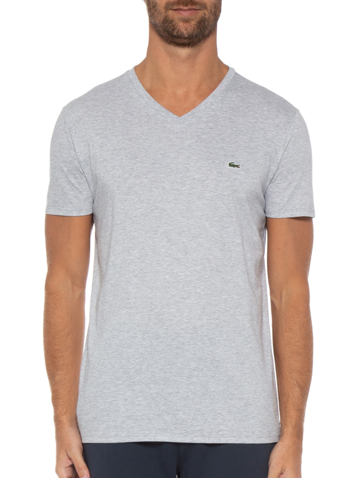 Camiseta Masculina Regular Fit Gola V Em Algodão Pima Cinza  Lacoste