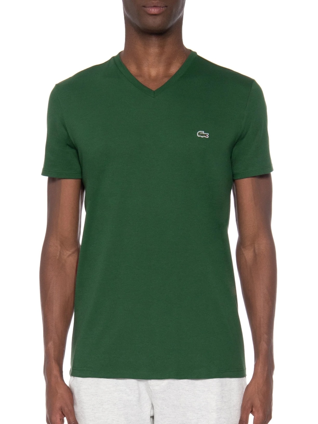 Camiseta Masculina Regular Fit Gola V Em Algodão Pima Verde  Lacoste
