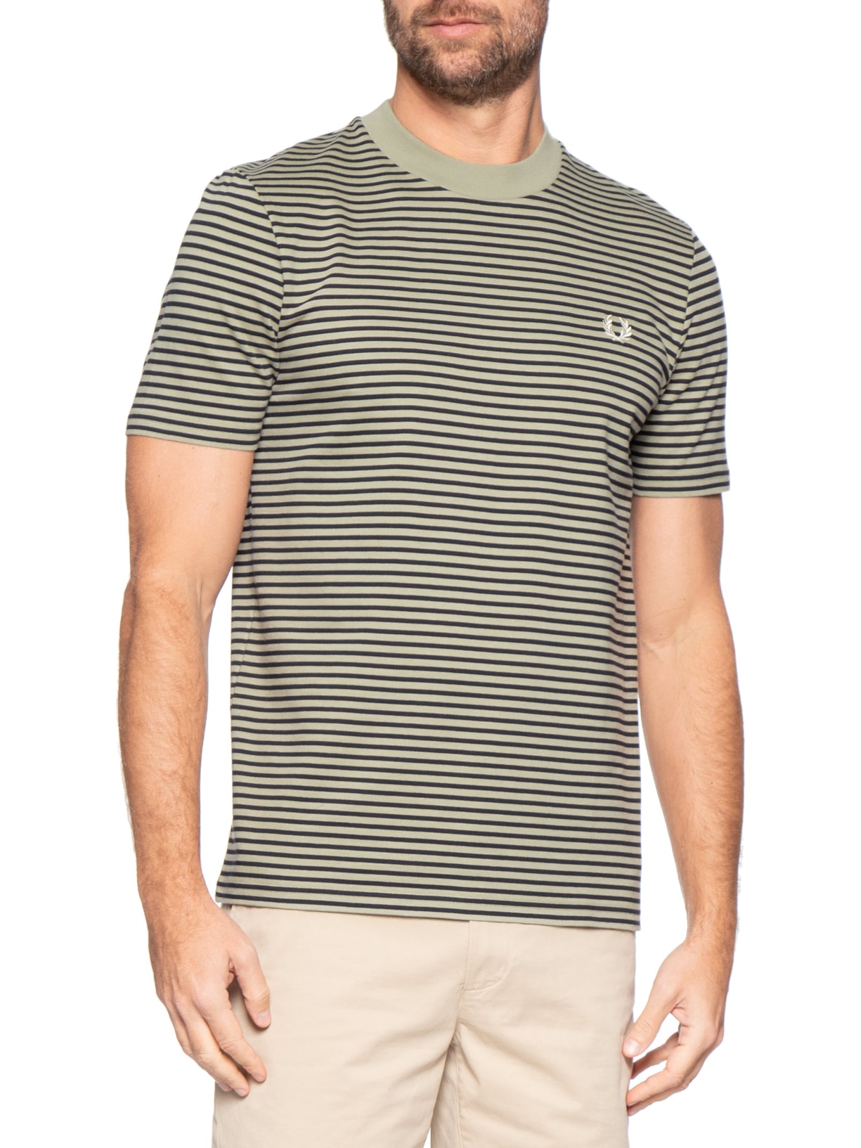 Camiseta Masculina Regular Fit Heavy Cotton Listras Finas Verde Fred Perry