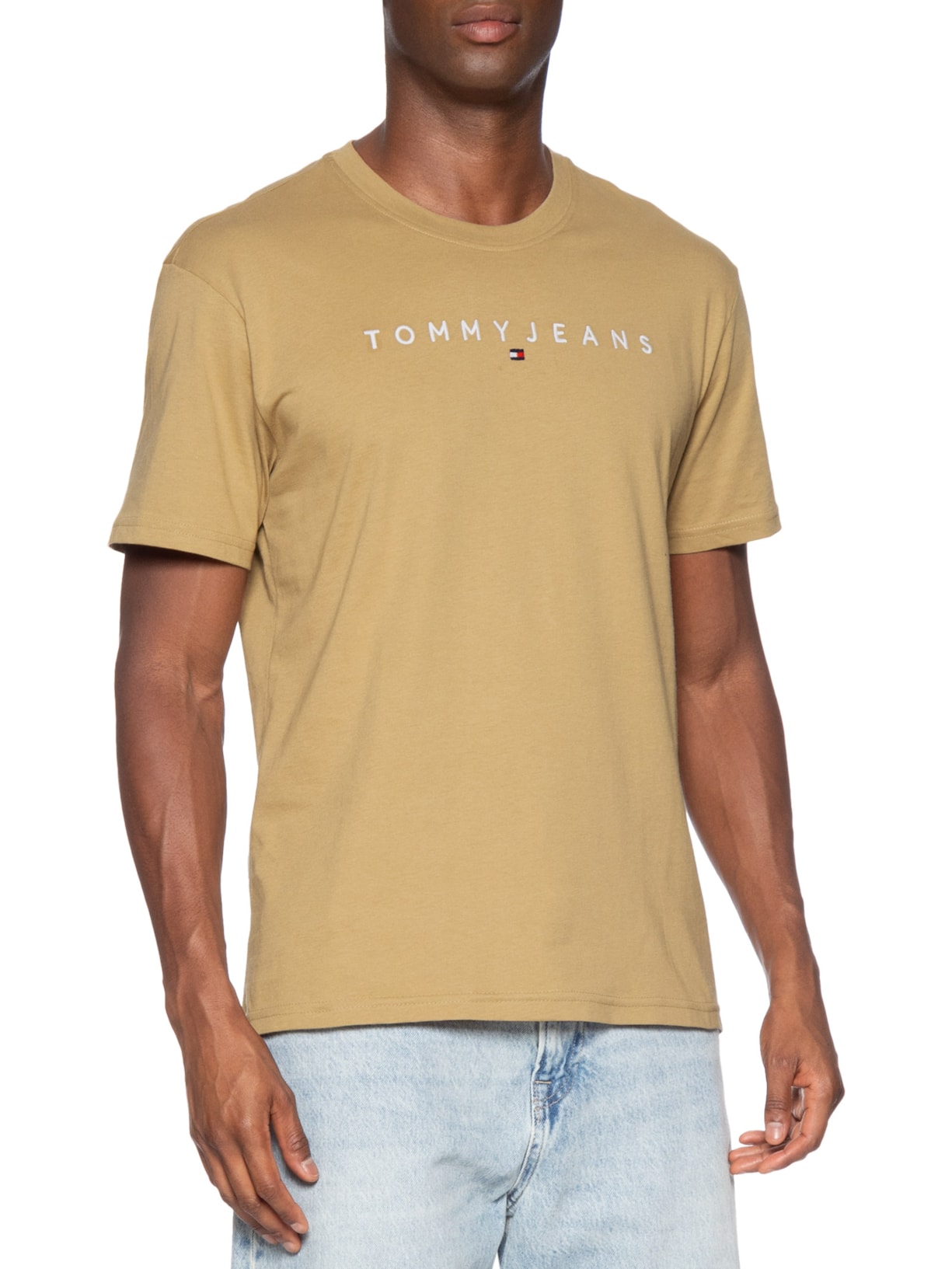 Camiseta Masculina Regular Fit Linear Logo Bordado Bege Tommy Jeans