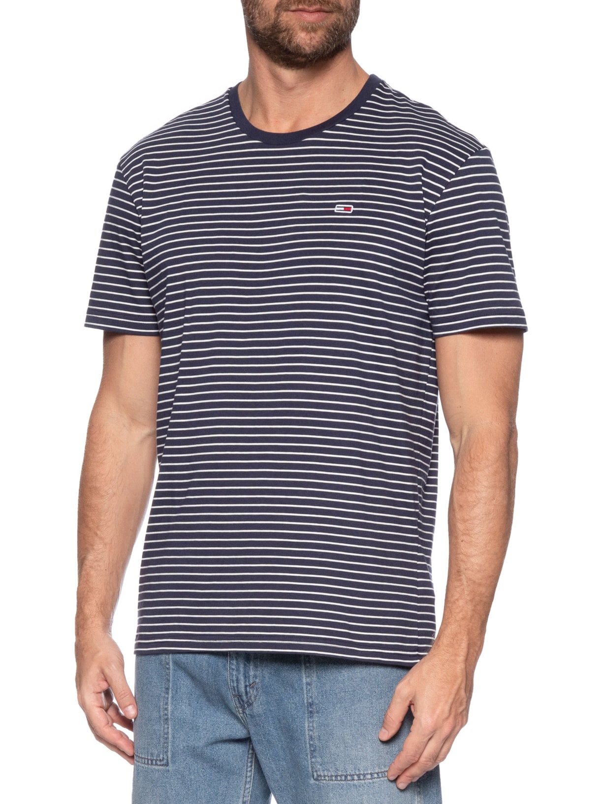 Camiseta Masculina Regular Fit Listrada Azul Tommy Jeans