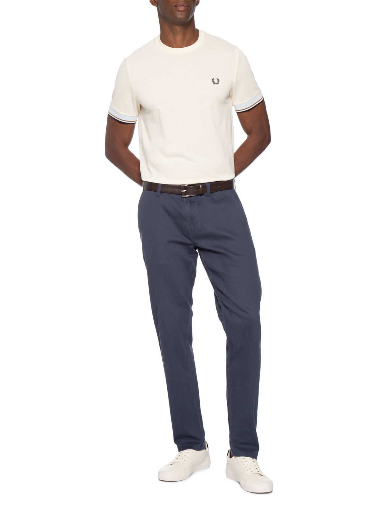 Camiseta Masculina Regular Fit Punho Friso Duplo Em Algodão Bege Fred Perry