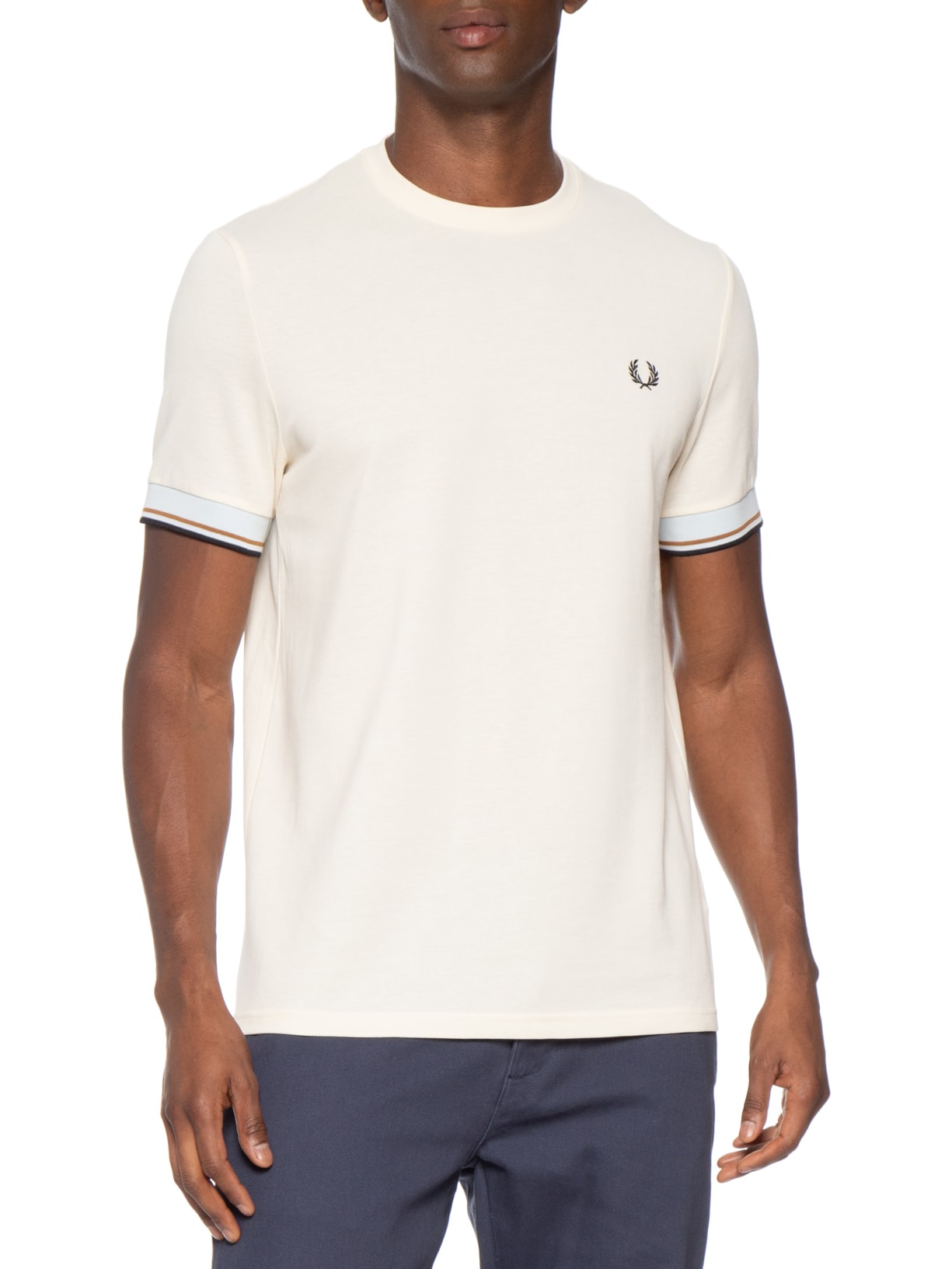 Camiseta Masculina Regular Fit Punho Friso Duplo Em Algodão Bege Fred Perry