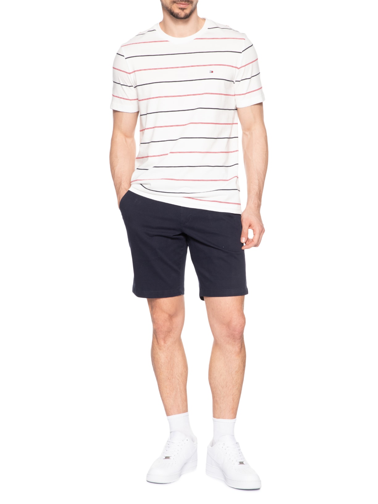 Camiseta Masculina Regular Fit Stripe Em Algodão Branco Tommy Hilfiger