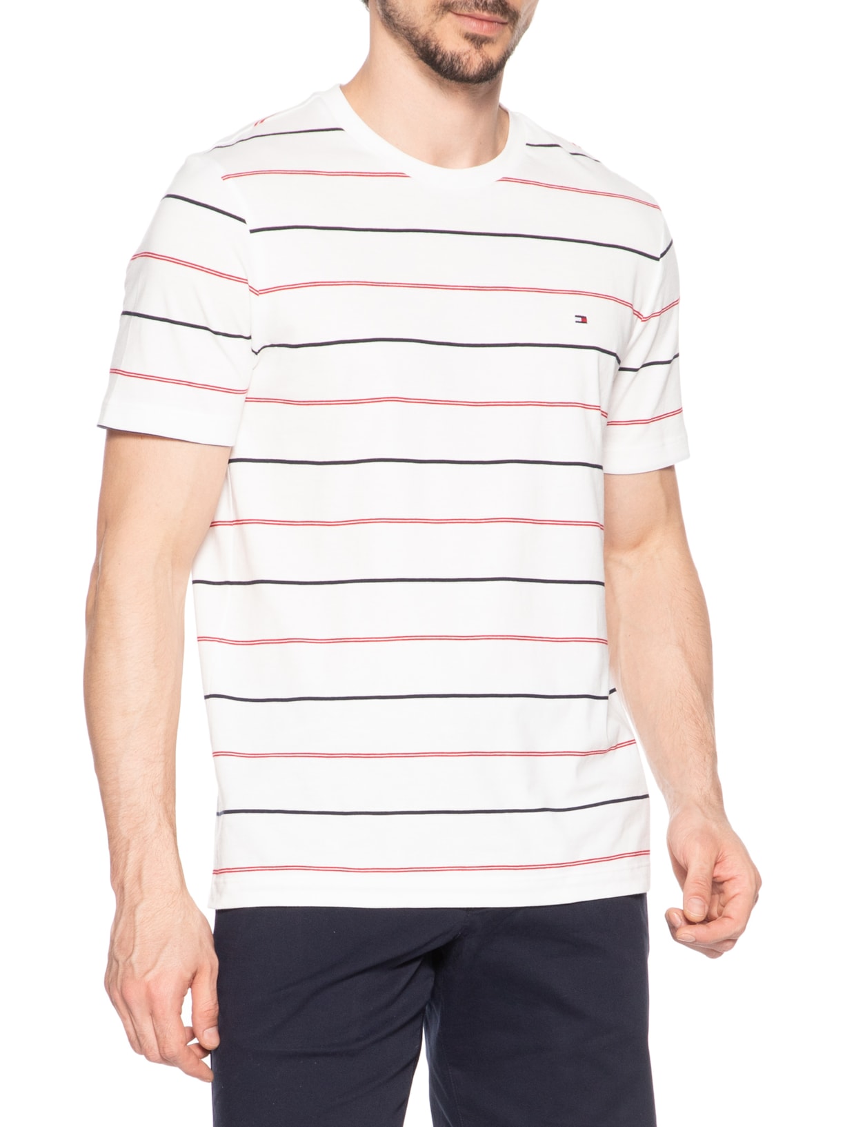 Camiseta Masculina Regular Fit Stripe Em Algodão Branco Tommy Hilfiger