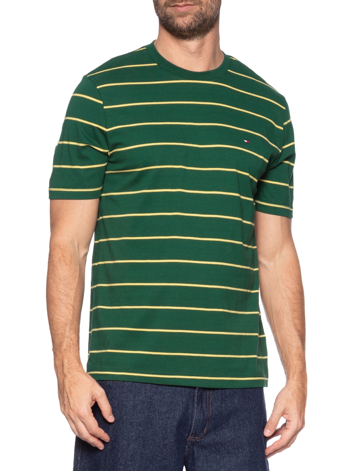 Camiseta Masculina Regular Fit Stripe Em Verde Tommy Hilfiger