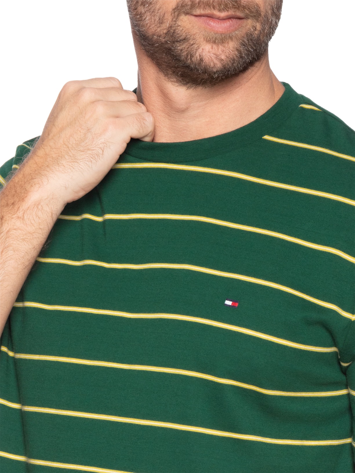 Camiseta Masculina Regular Fit Stripe Em Verde Tommy Hilfiger