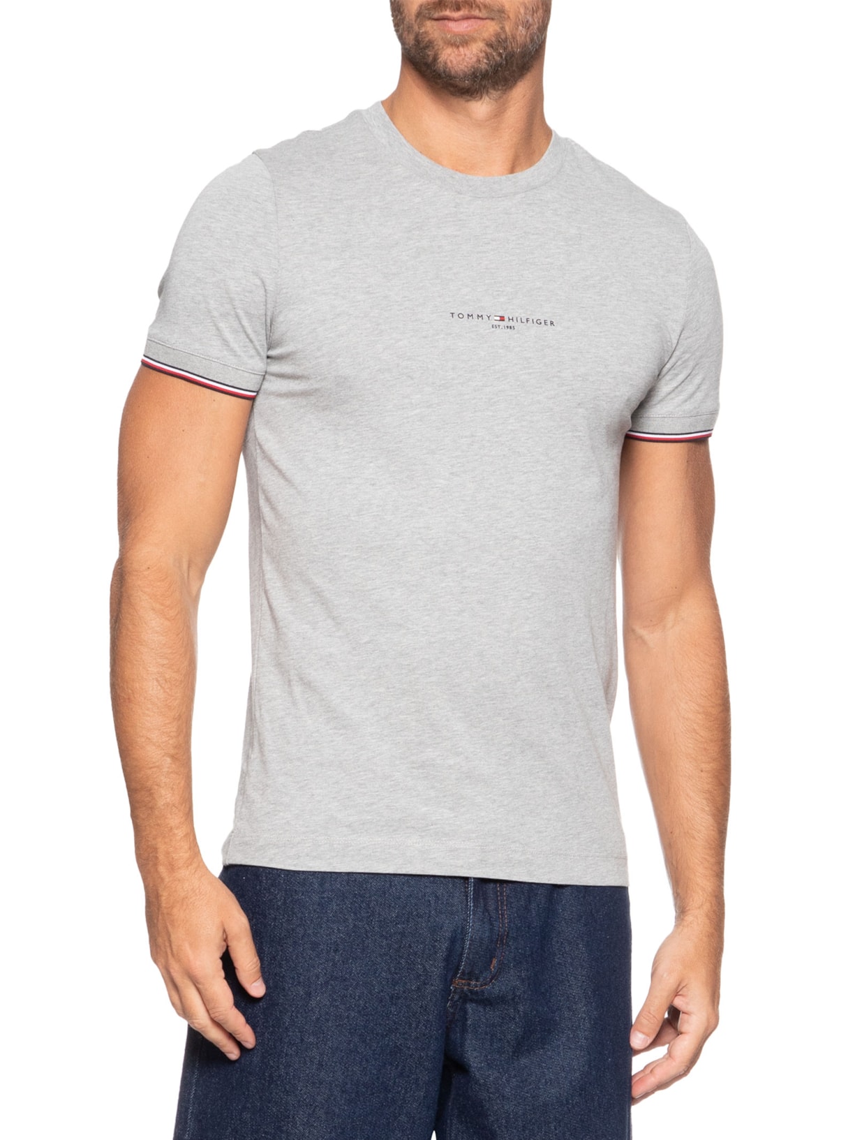 Camiseta Masculina Regular Fit Tipped Com Friso Cinza Tommy Hilfiger