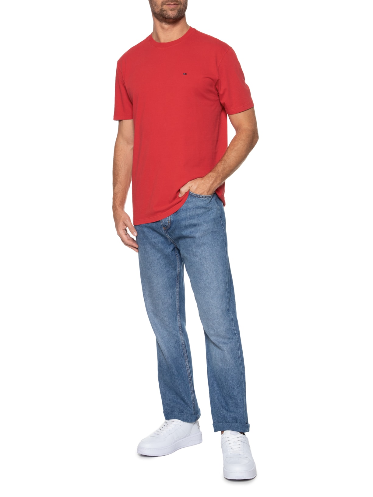 Camiseta Masculina Regular Jersey Com Neck Ext Vermelho Tommy Jeans