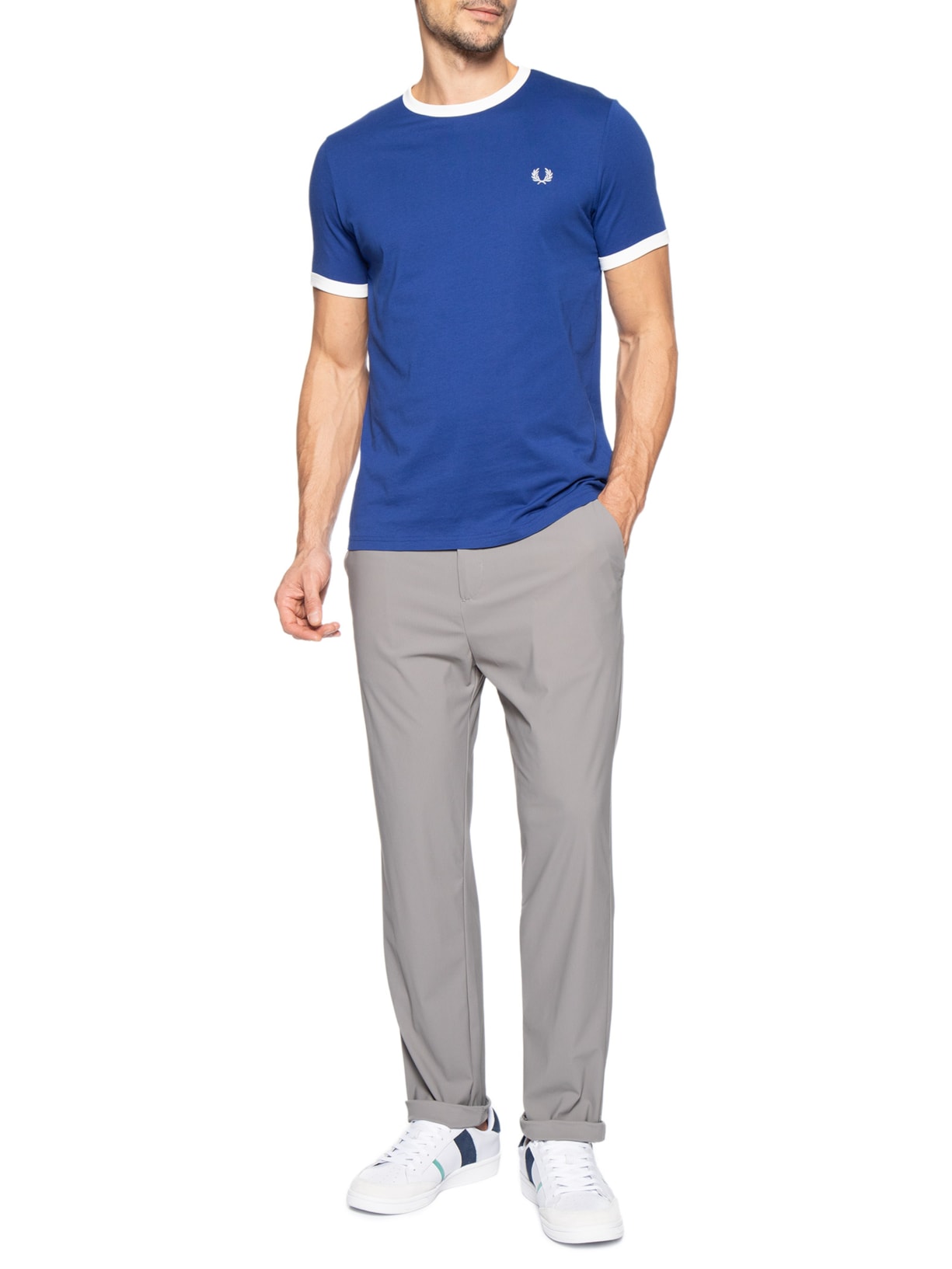 Camiseta Masculina Ringer Regular Fit Em Algodão Azul Fred Perry