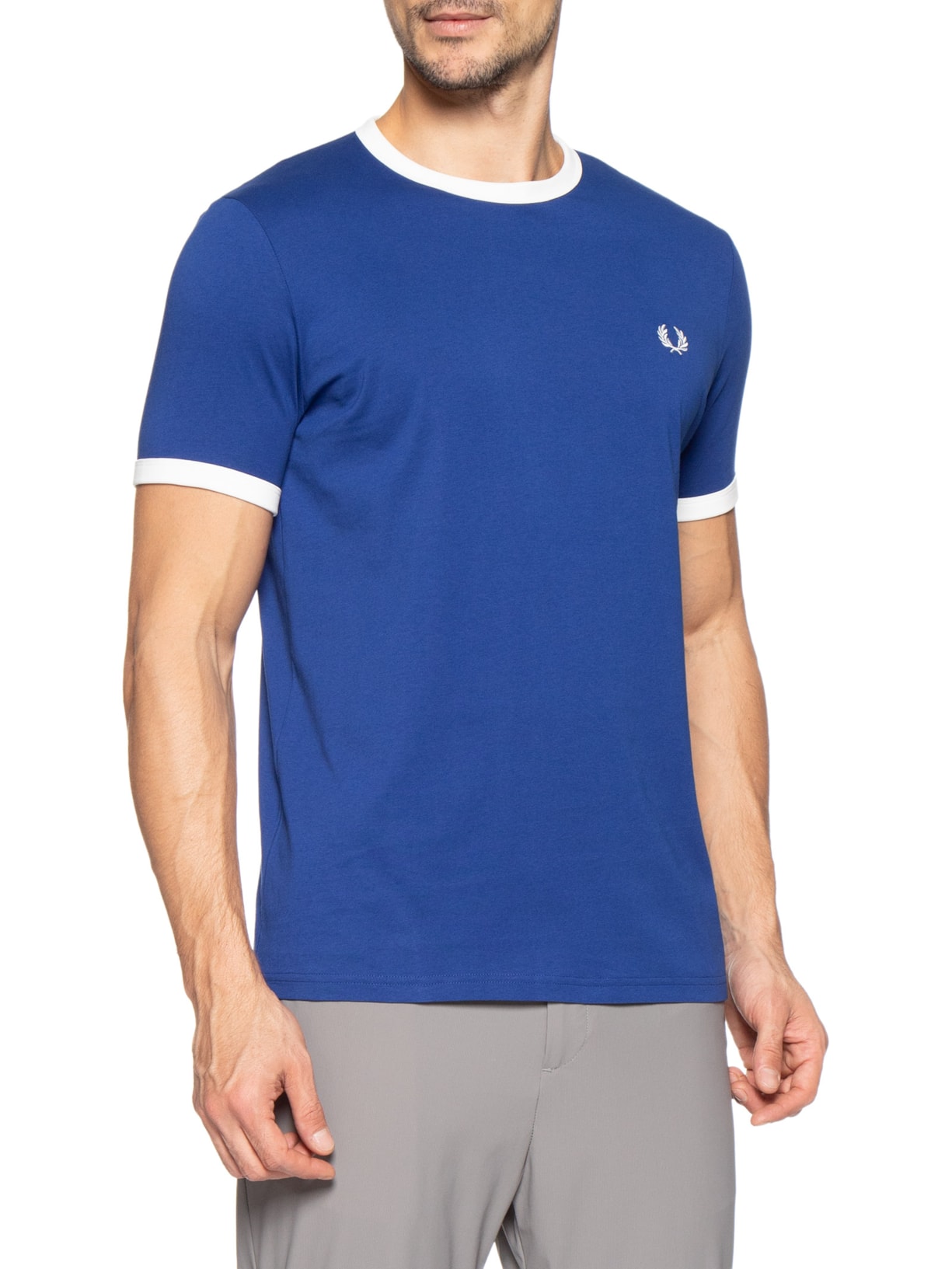 Camiseta Masculina Ringer Regular Fit Em Algodão Azul Fred Perry