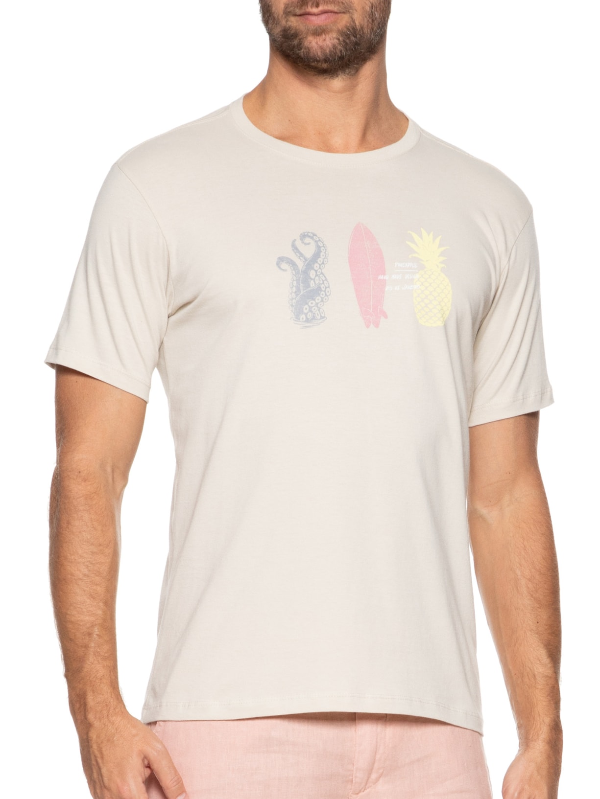 Camiseta Masculina Silkada Carimbo Pine Bege Pineapple