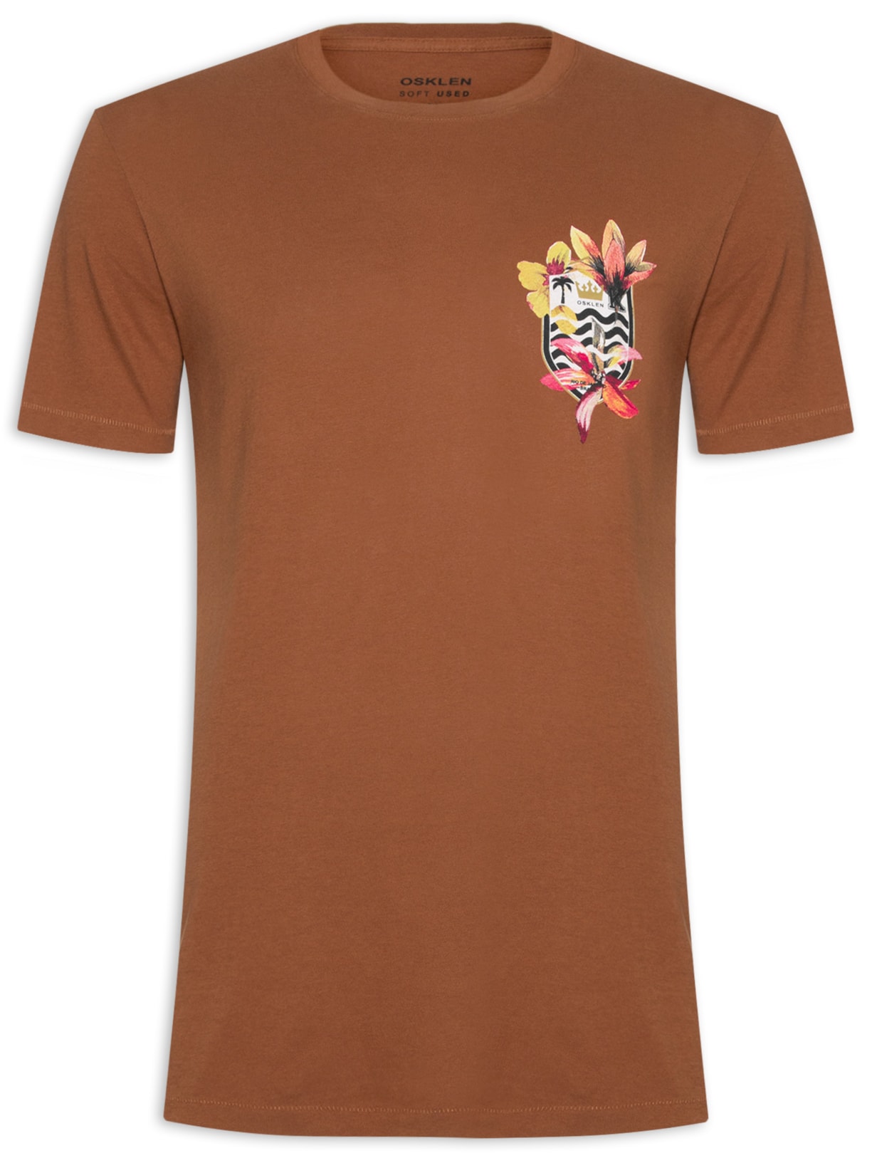 Camiseta Masculina Soft Used Brasão Flores - Marrom