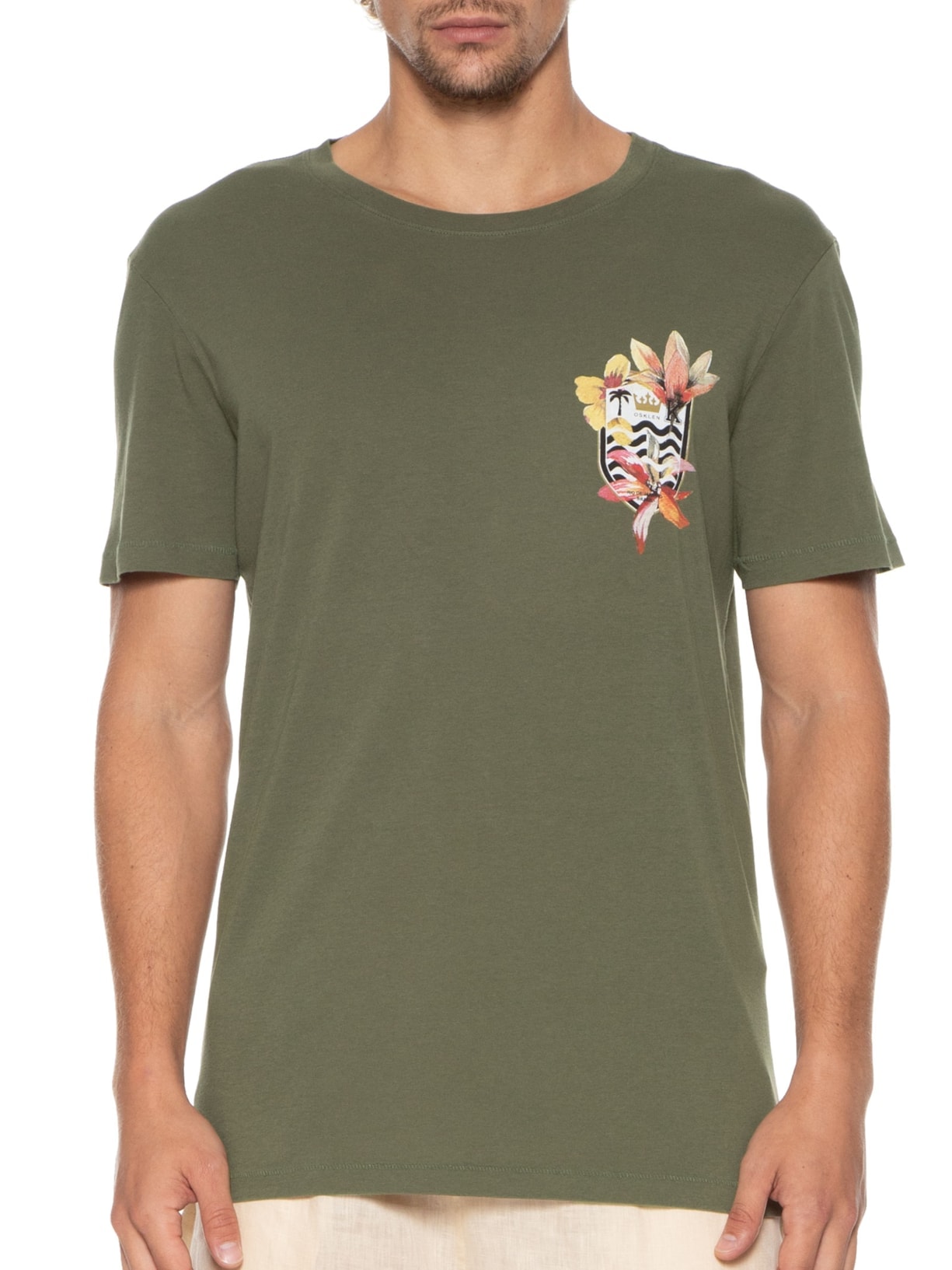Camiseta Masculina Soft Used Brasao Flores Verde Osklen