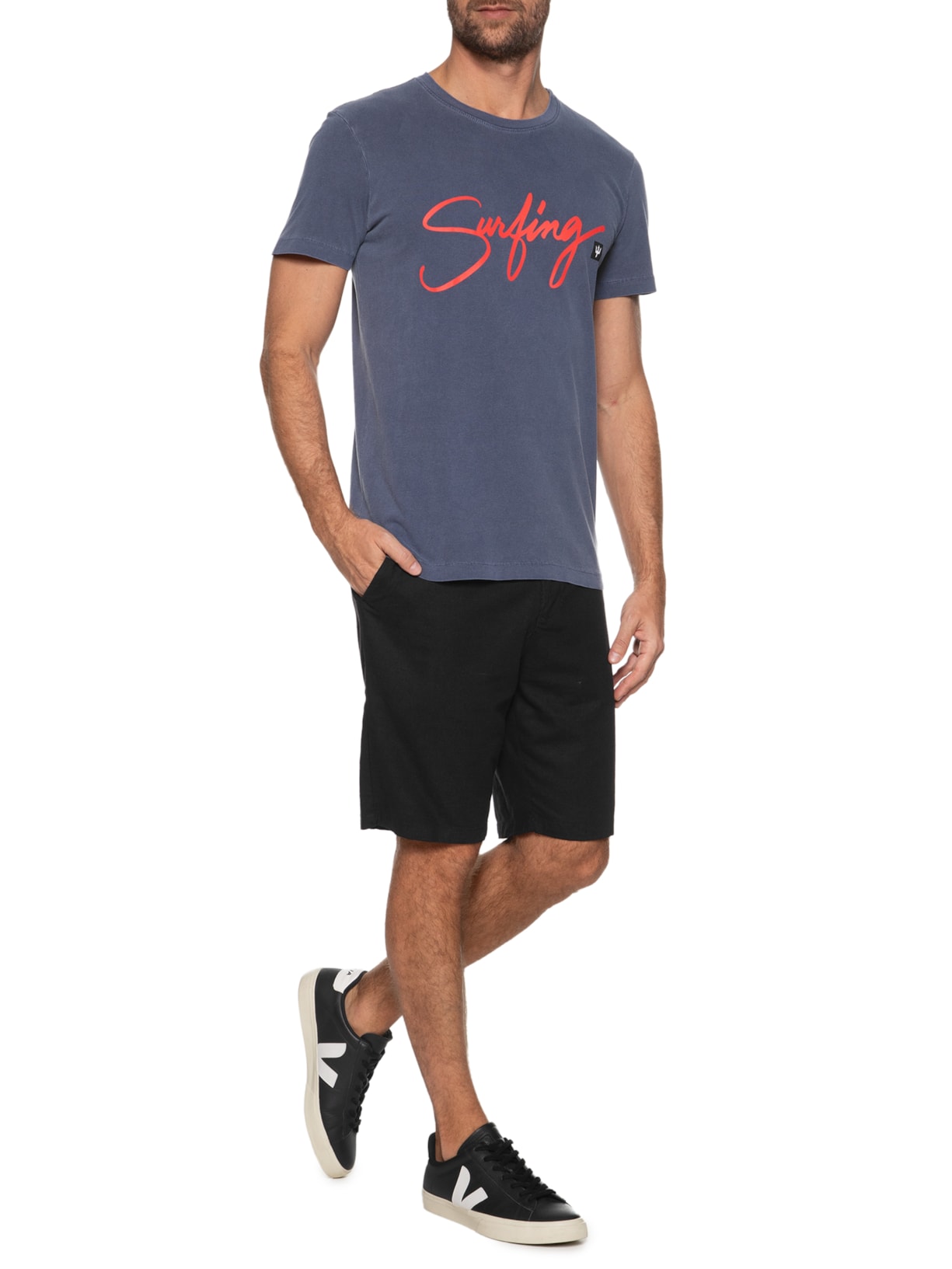 Camiseta Masculina Stone Surfing Caligrafia Manga Curta Azul Osklen