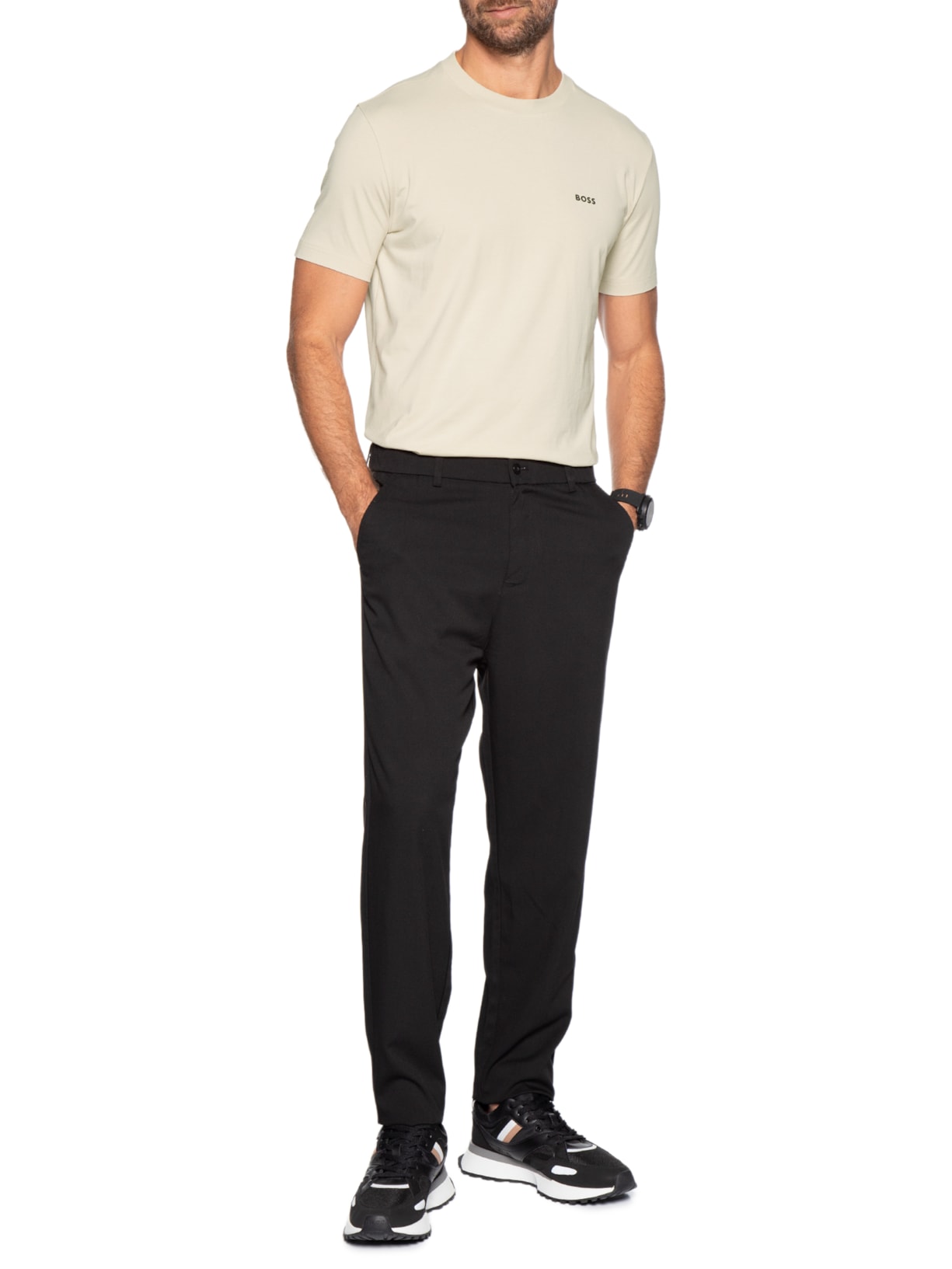 Camiseta Masculina Stretch Cotton Crew Neck Tee Bege Boss