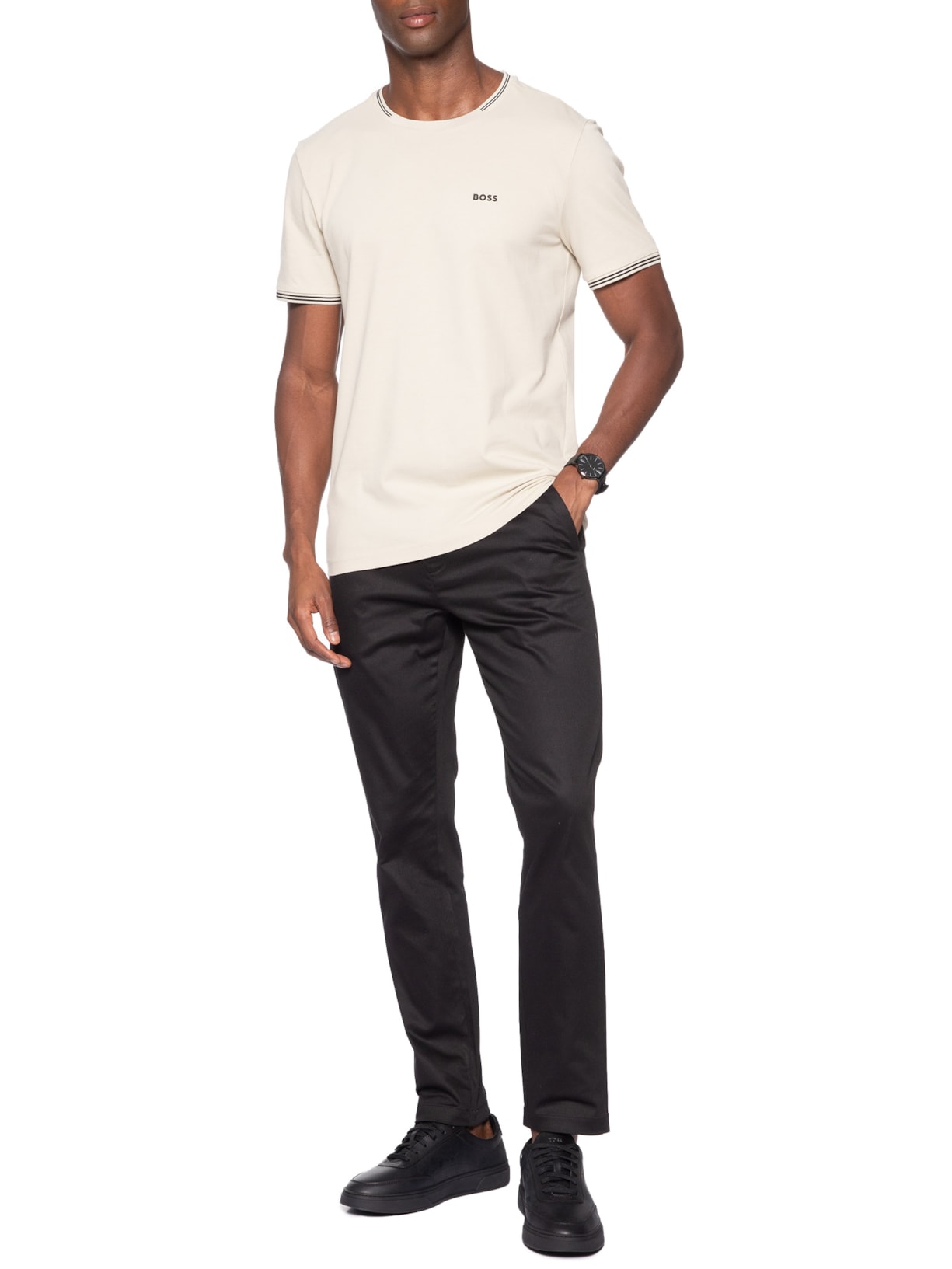 Camiseta Masculina Stretch Cotton Stripes Taul Bege Boss