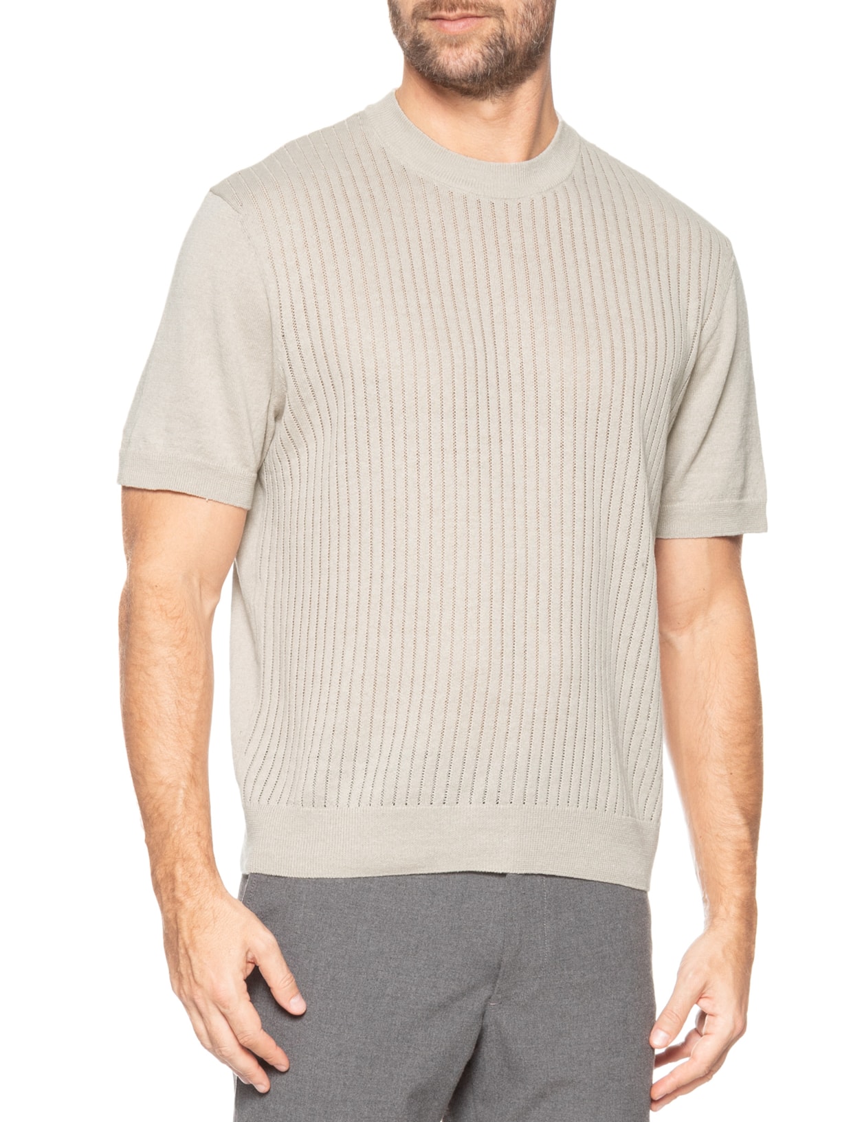 Camiseta Masculina Tricô de Linho Misto Ajordino Bege Boss