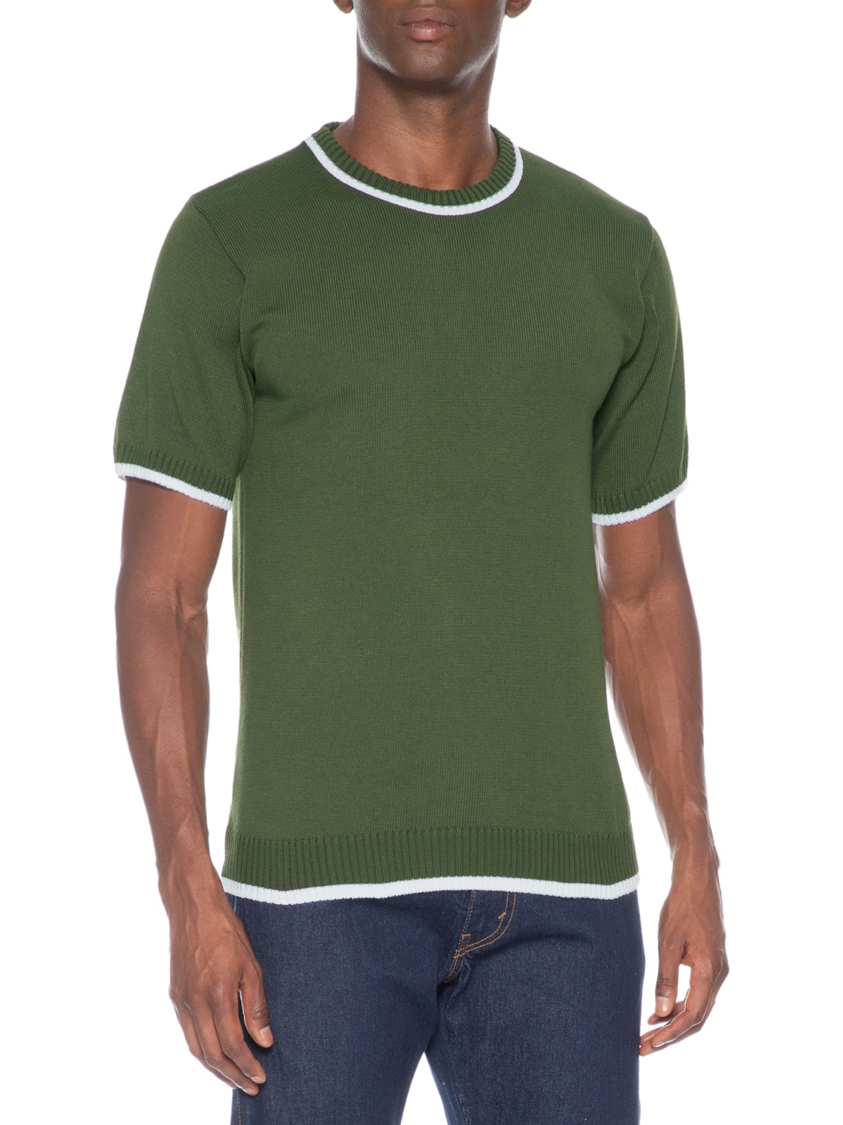 Camiseta Masculina Tricot Com Contraste Branco Verde Basiq Men