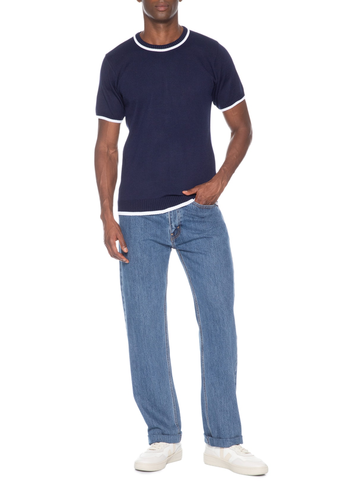 Camiseta Masculina Tricot Com Contraste Branco – Azul Basiq Men