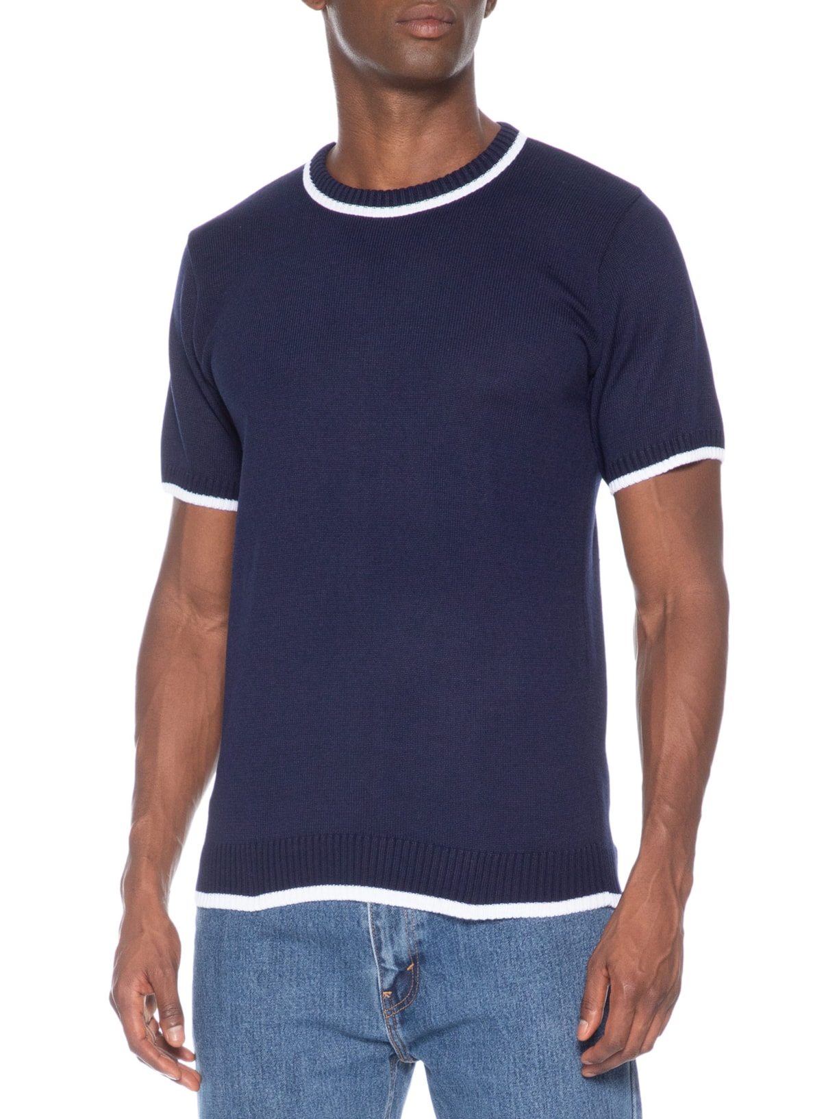 Camiseta Masculina Tricot Com Contraste Branco – Azul Basiq Men