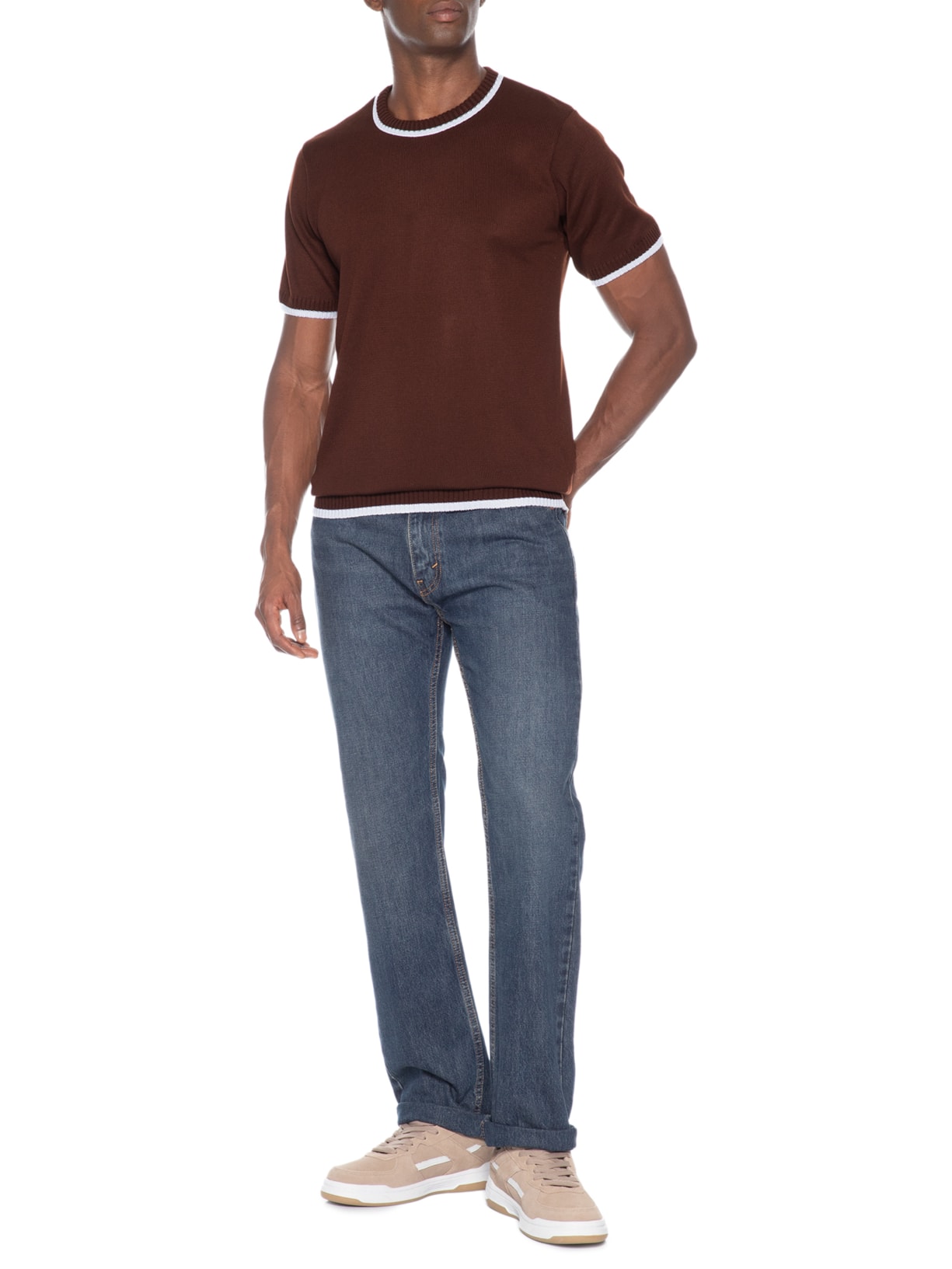 Camiseta Masculina Tricot Com Contraste Branco – Marrom Basiq Men