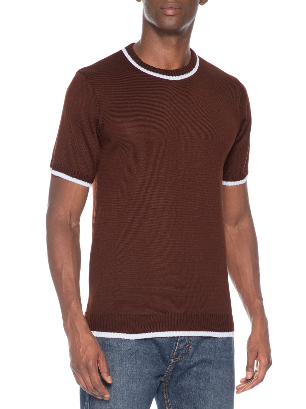 Camiseta Masculina Tricot Com Contraste Branco – Marrom Basiq Men
