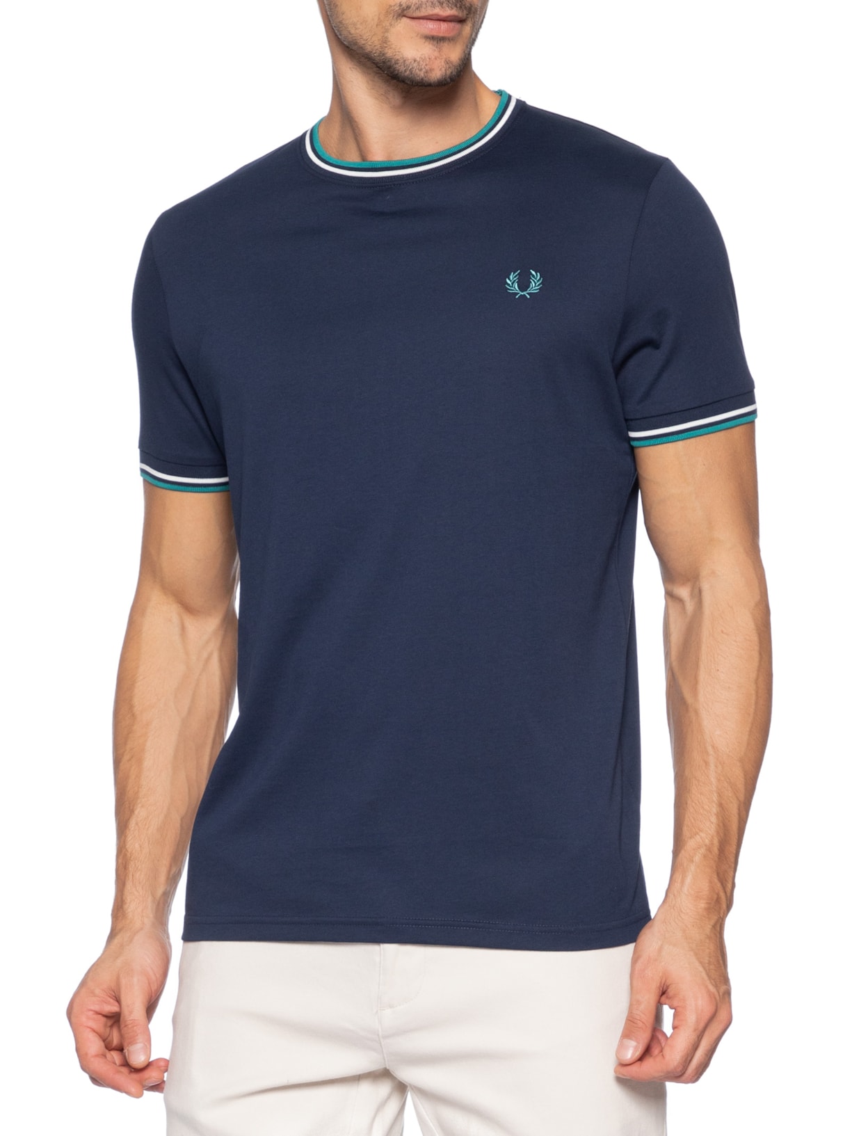Camiseta Masculina Twin Tipped Regular Fit Em Algodão Azul Fred Perry
