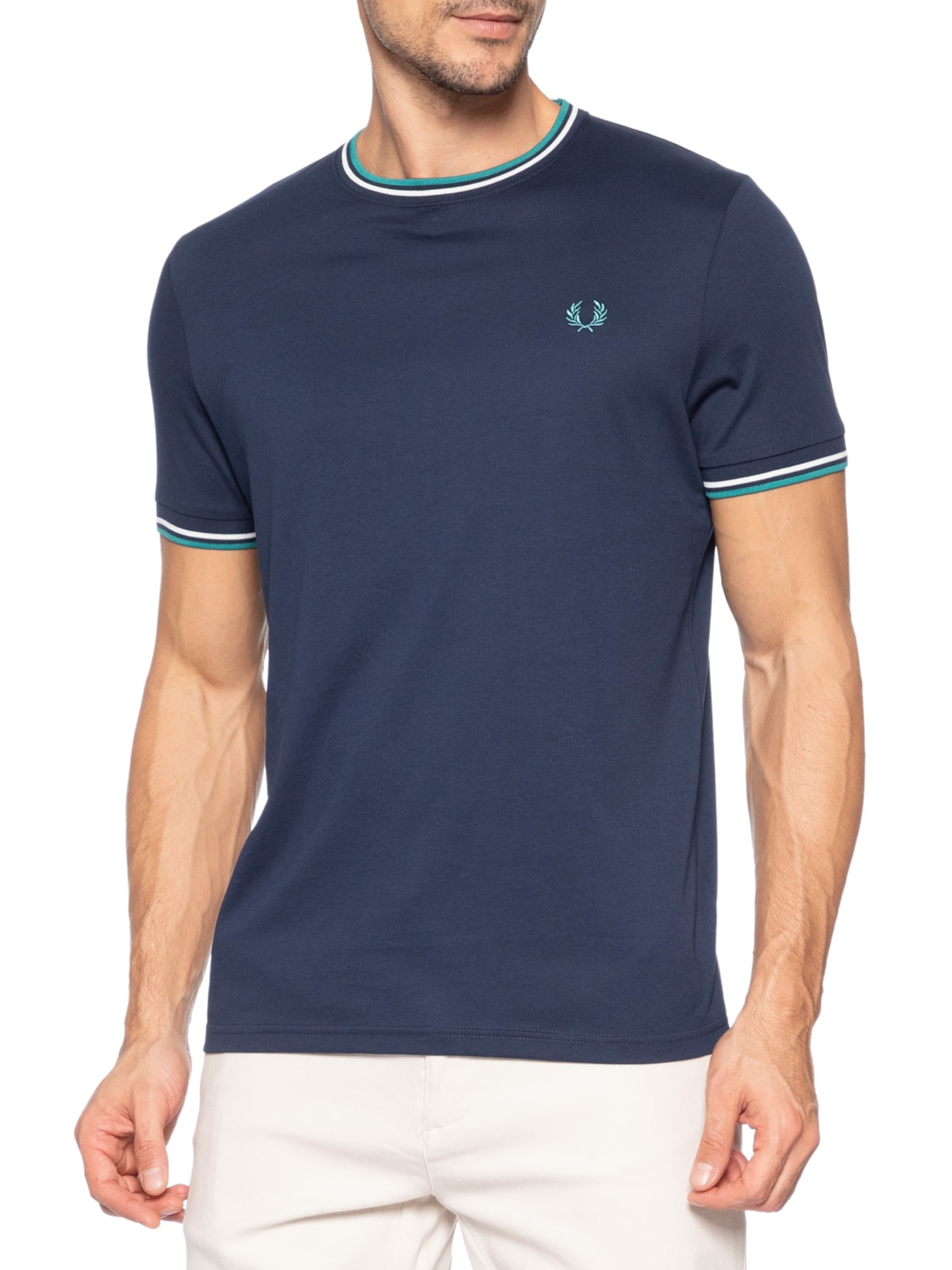 Camiseta Masculina Twin Tipped Regular Fit Em Algodão Azul Fred Perry