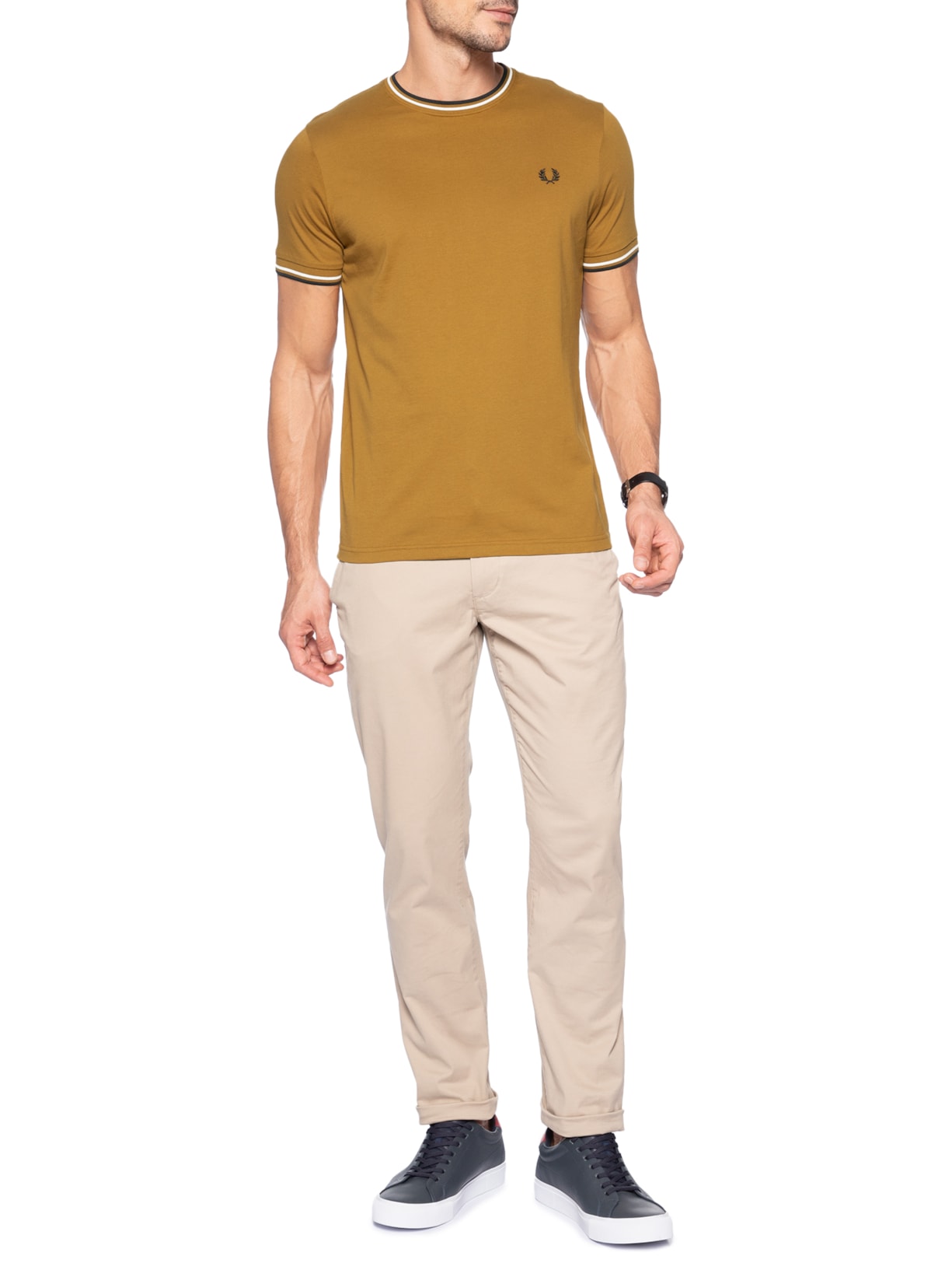 Camiseta Masculina Twin Tipped Regular Fit Em Algodão Marrom Fred Perry