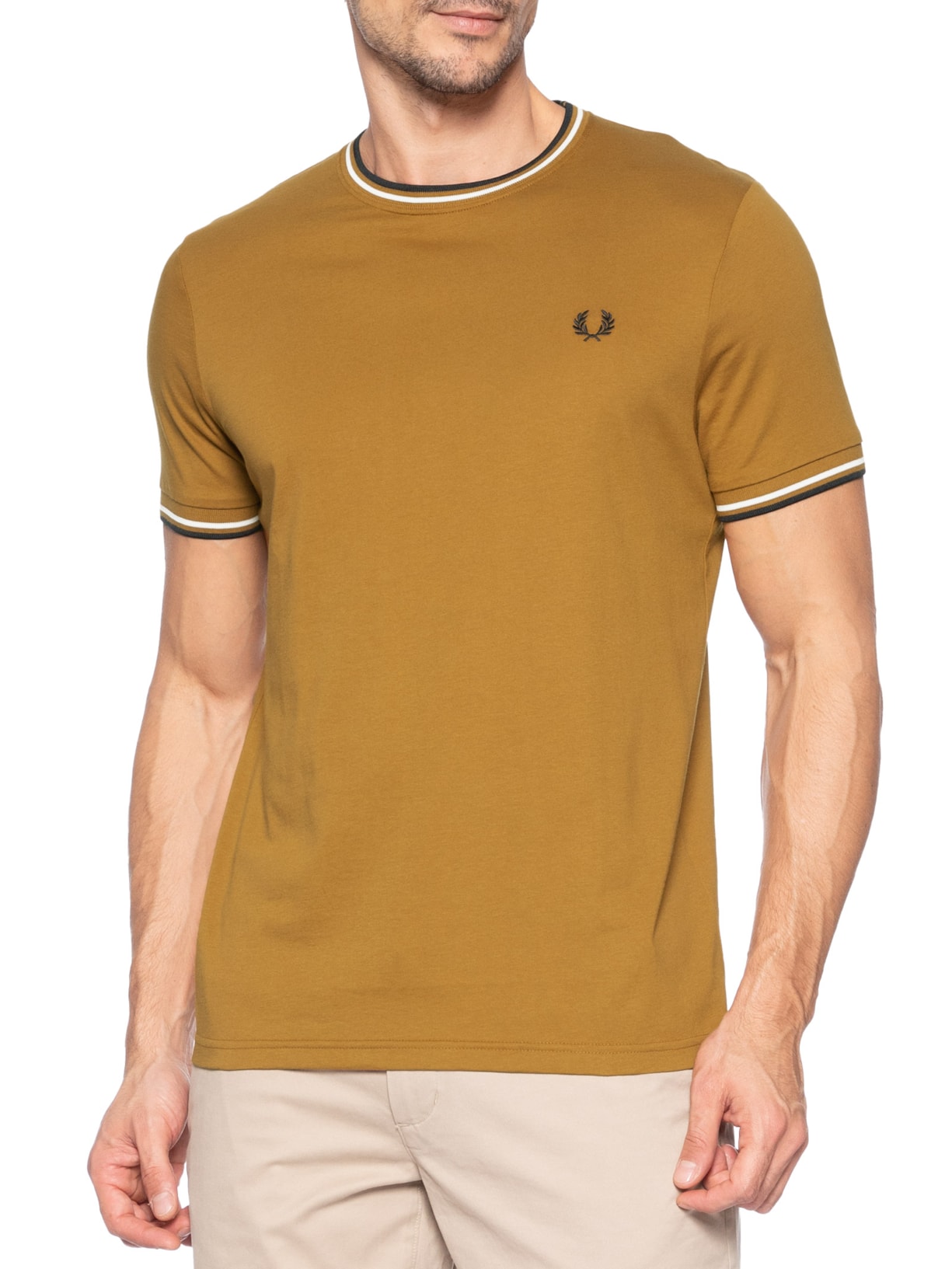 Camiseta Masculina Twin Tipped Regular Fit Em Algodão Marrom Fred Perry