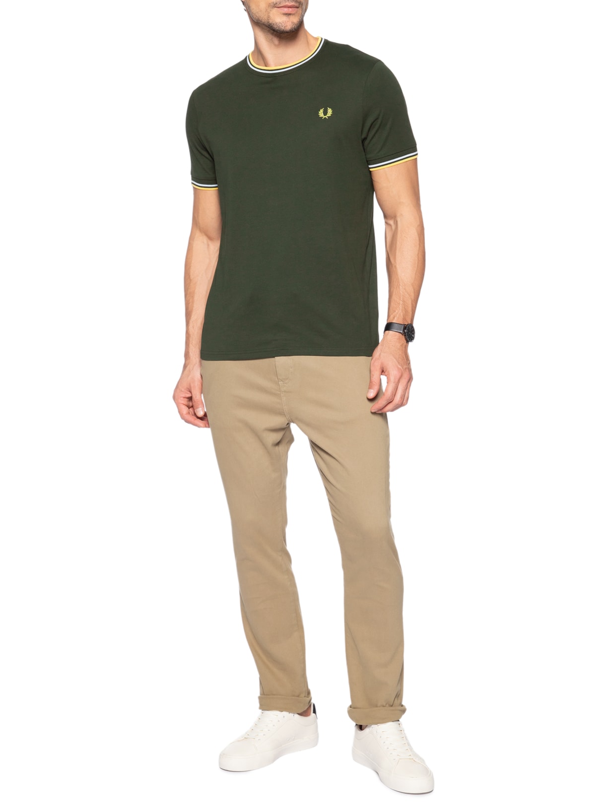 Camiseta Masculina Twin Tipped Regular Fit Em Algodão Verde Fred Perry