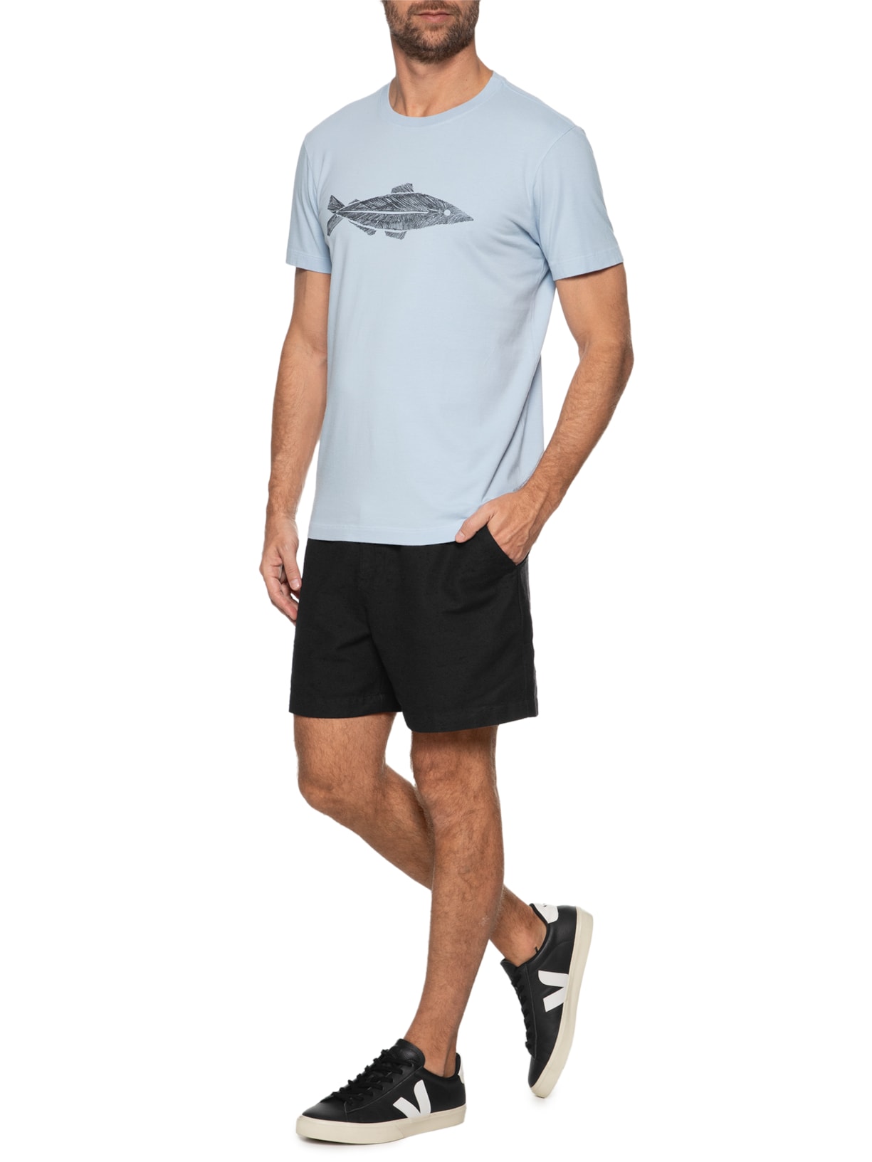 Camiseta Masculina Vintage Peixe Naive Manga Curta Azul Osklen