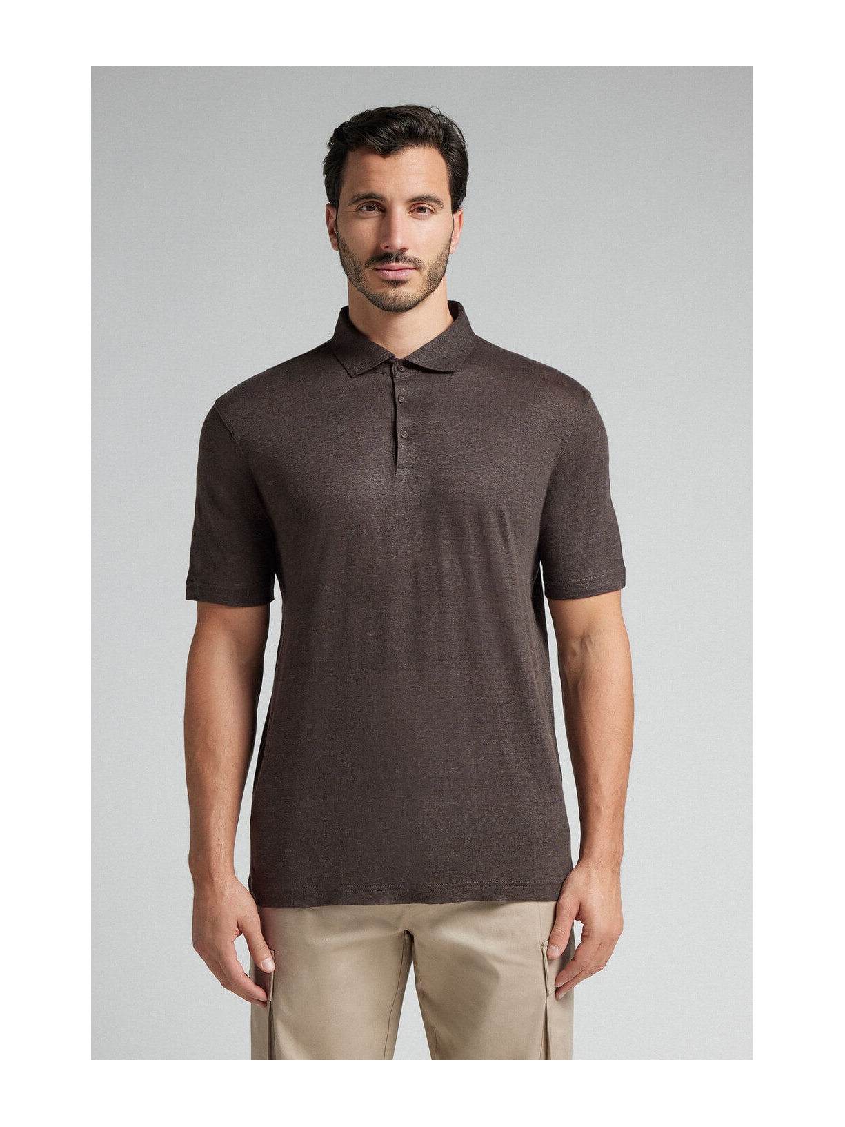Camiseta Polo De Manga Curta Em Linho Marrom Intimissimi