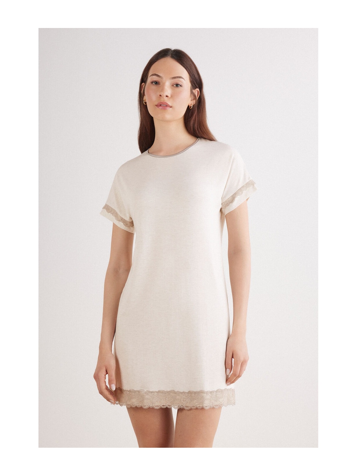 Camisola De Manga Curta Com Detalhes Em Renda Off-White Intimissimi